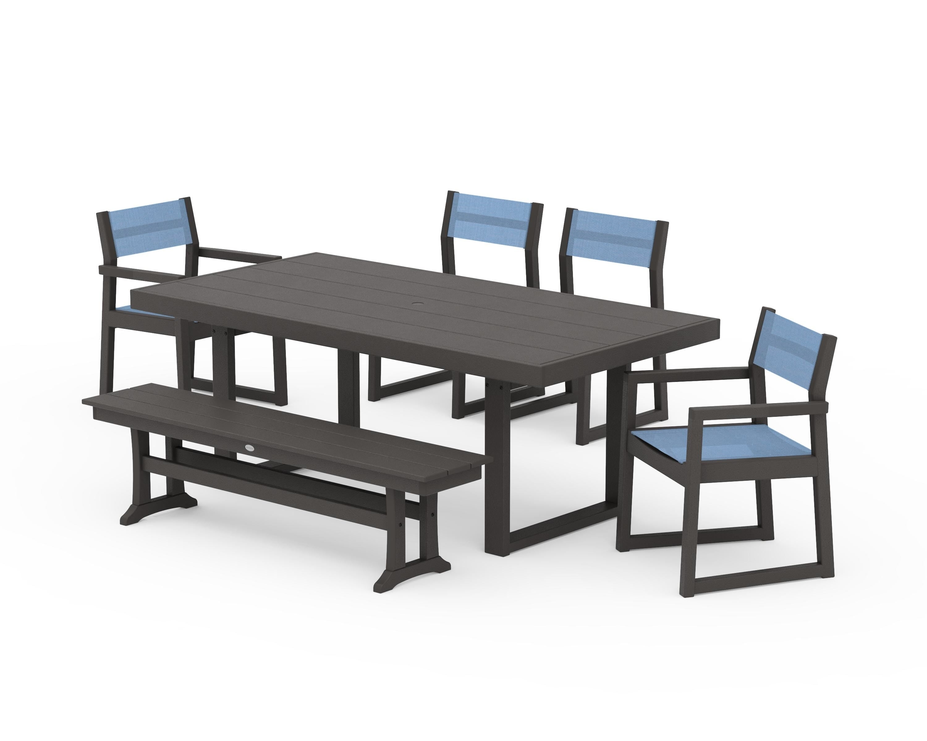 POLYWOOD EDGE Sling 6-Piece Dining Set with Bench in Vintage Coffee / Poolside Sling
