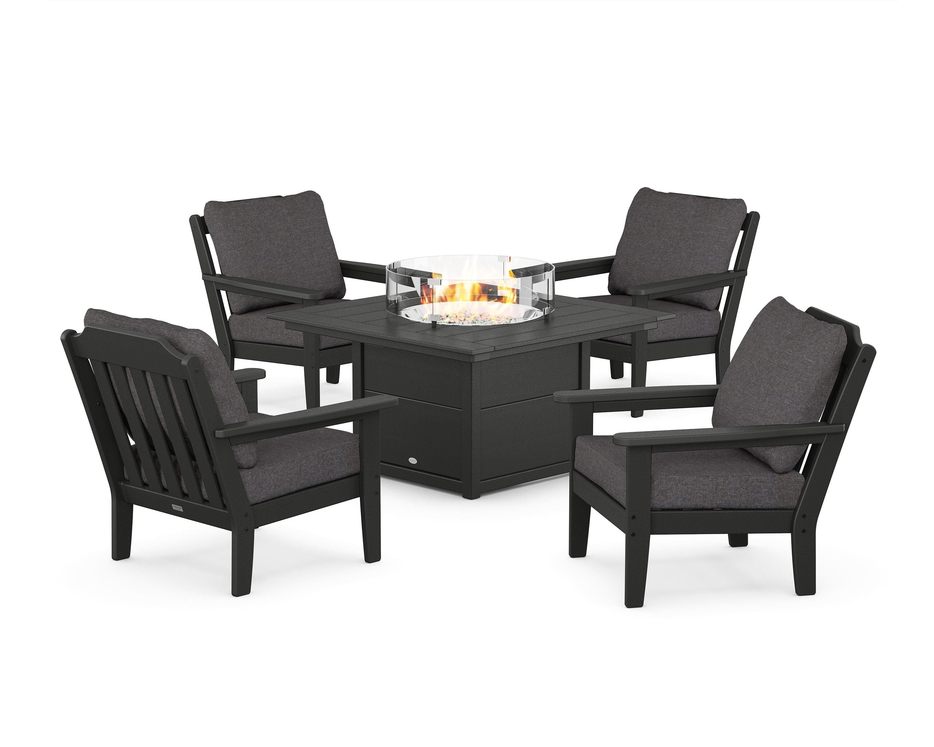Country Living Cottage 5-Piece Deep Seating Set with Fire Pit Table in Black / Ash Charcoal