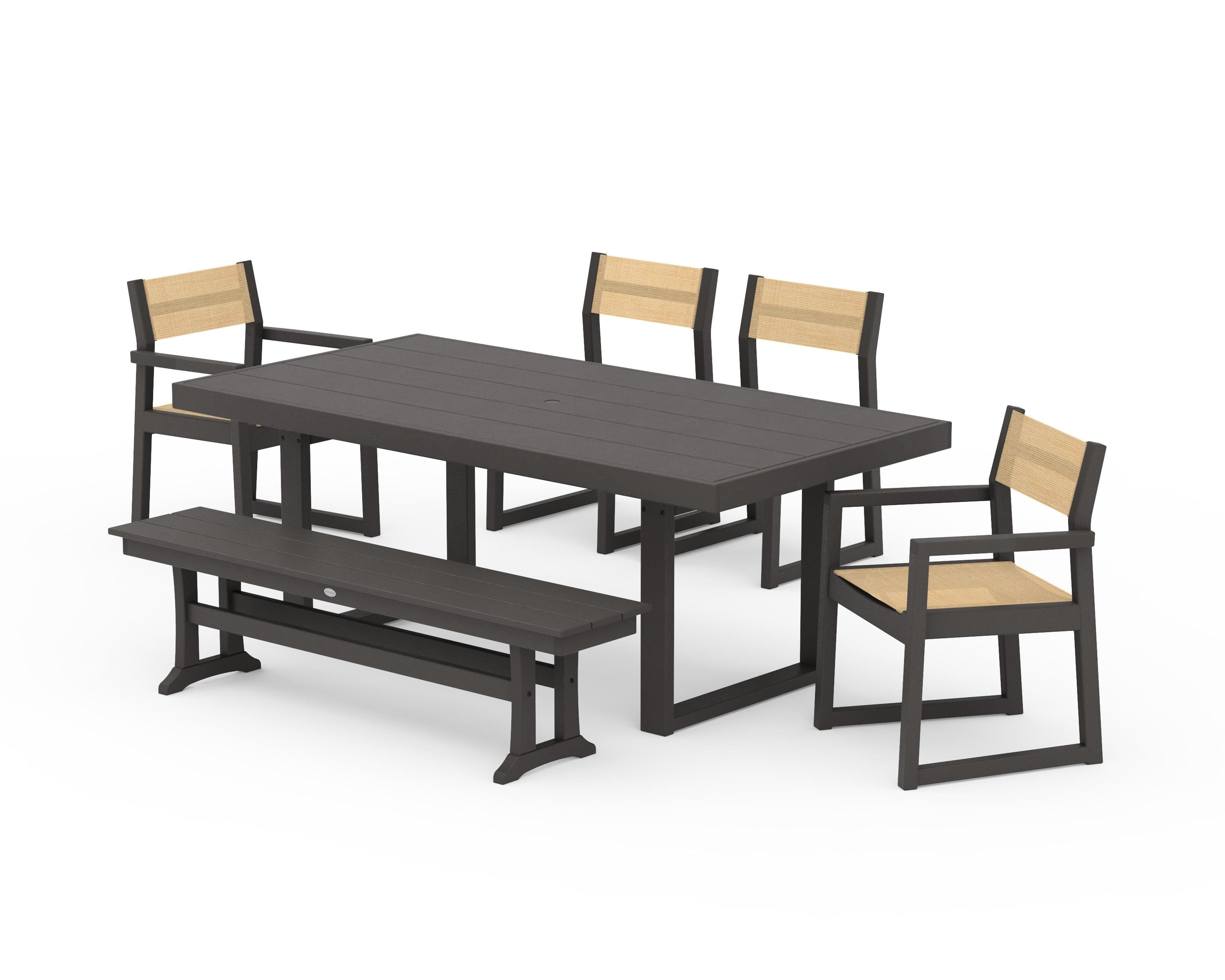 POLYWOOD EDGE Sling 6-Piece Dining Set with Bench in Vintage Coffee / Dupioni Apricot Sling