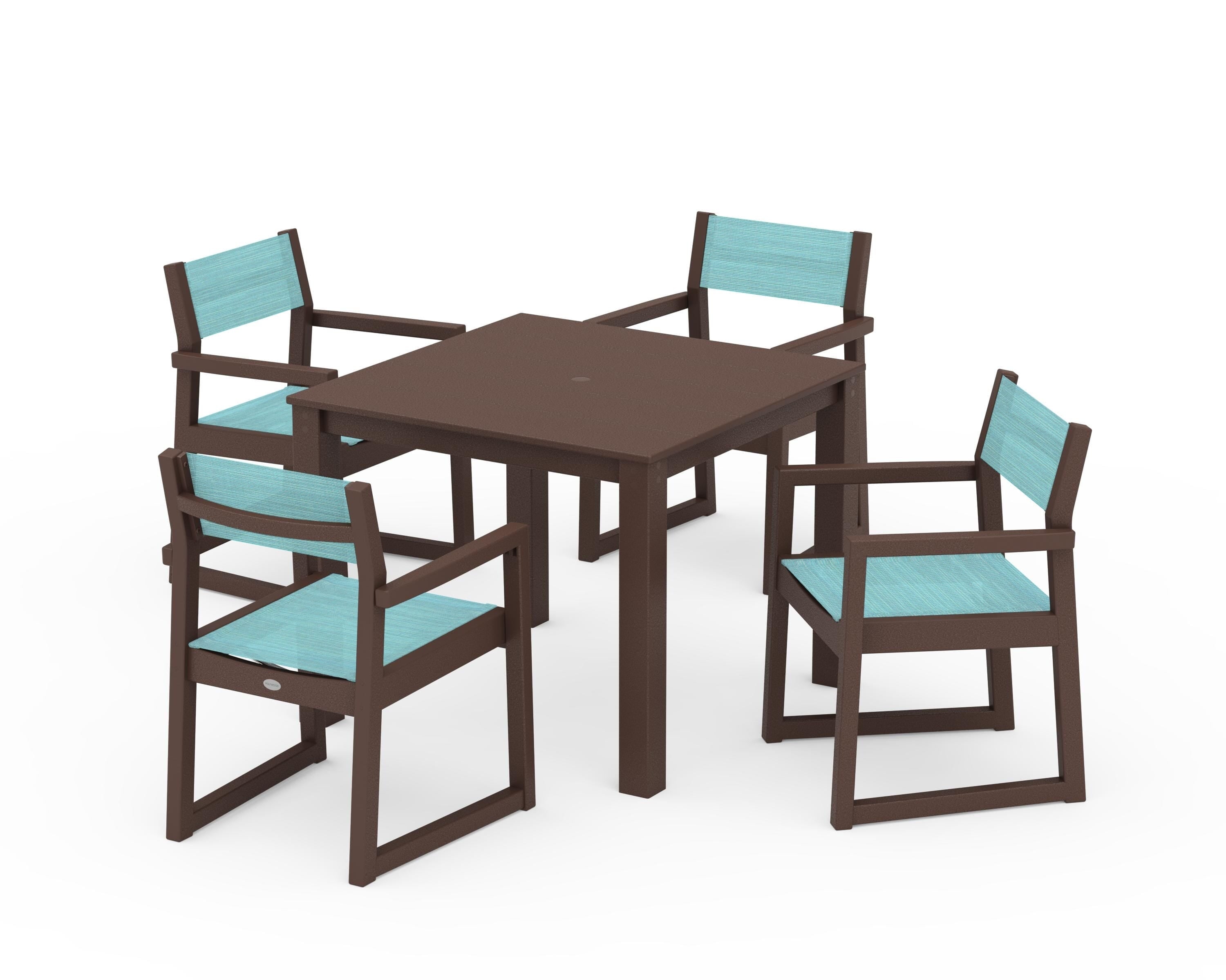 POLYWOOD EDGE Sling Arm Chair 5-Piece Parsons Dining Set in Mahogany / Dupioni Aquamarine Sling