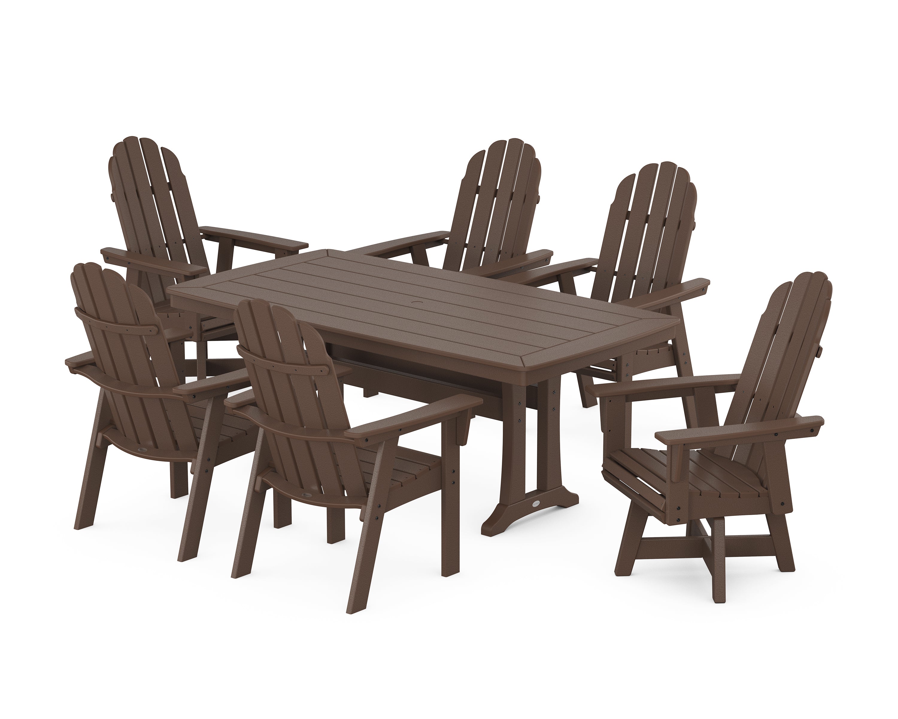 POLYWOOD® Vineyard Curveback Adirondack Swivel Chair 7-Piece Dining Set with Trestle Legs in Mahogany