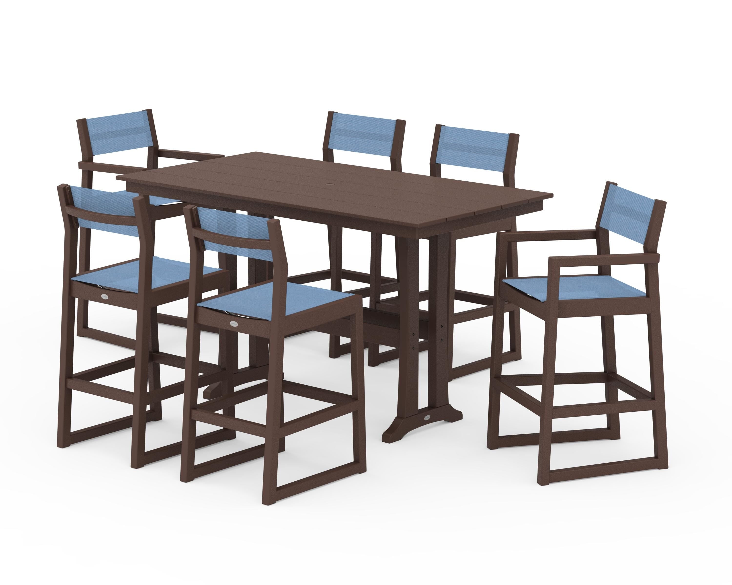 POLYWOOD EDGE Sling 7-Piece Farmhouse Bar Set with Trestle Legs in Mahogany / Poolside Sling