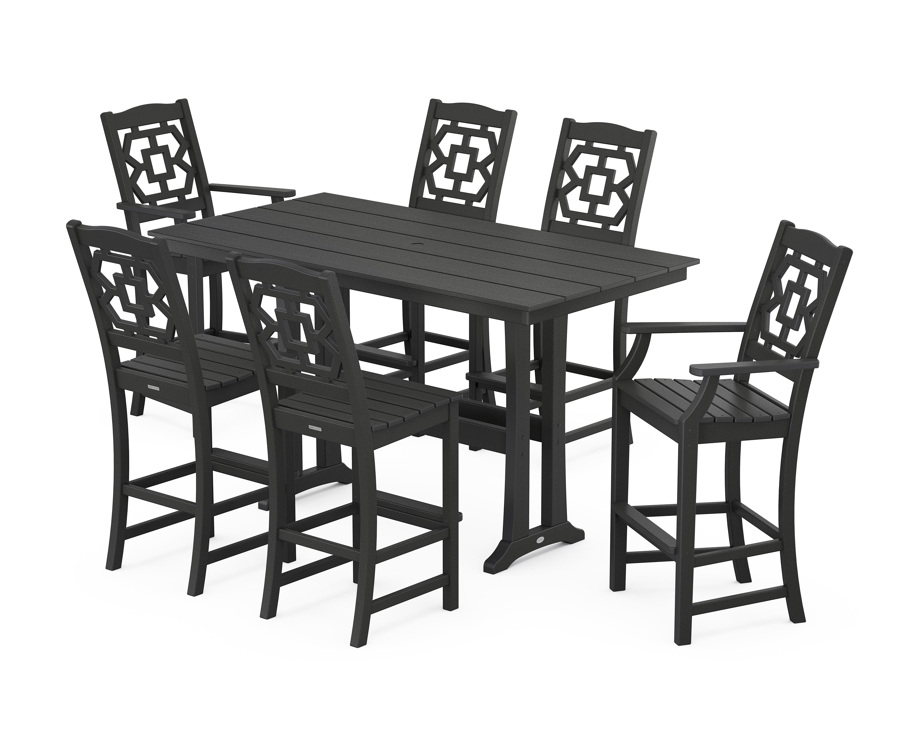 Martha Stewart by POLYWOOD Chinoiserie 7-Piece Farmhouse Bar Set with Trestle Legs in Black