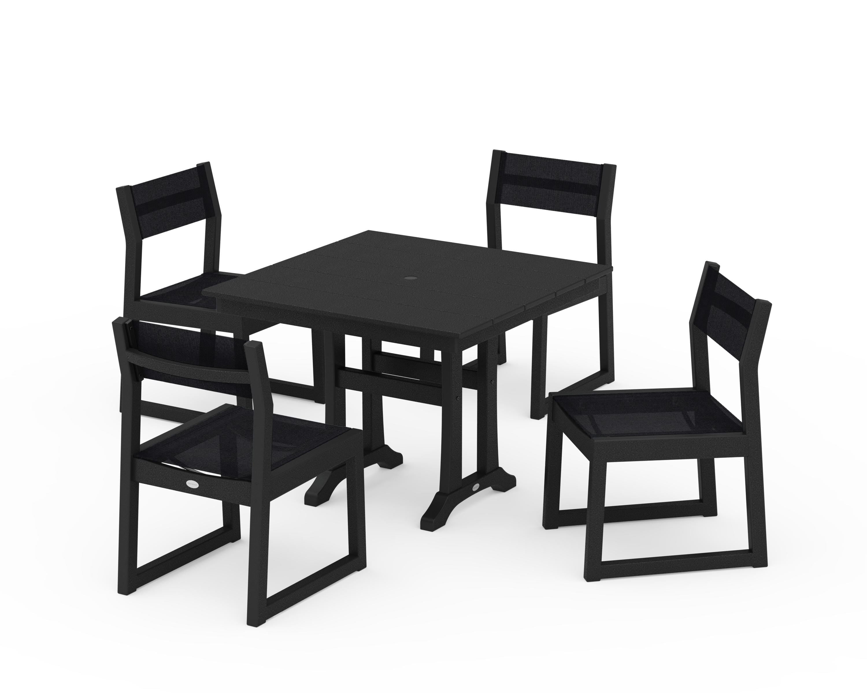 POLYWOOD EDGE Sling 5-Piece Farmhouse Trestle Side Chair Dining Set in Black / Black Sling