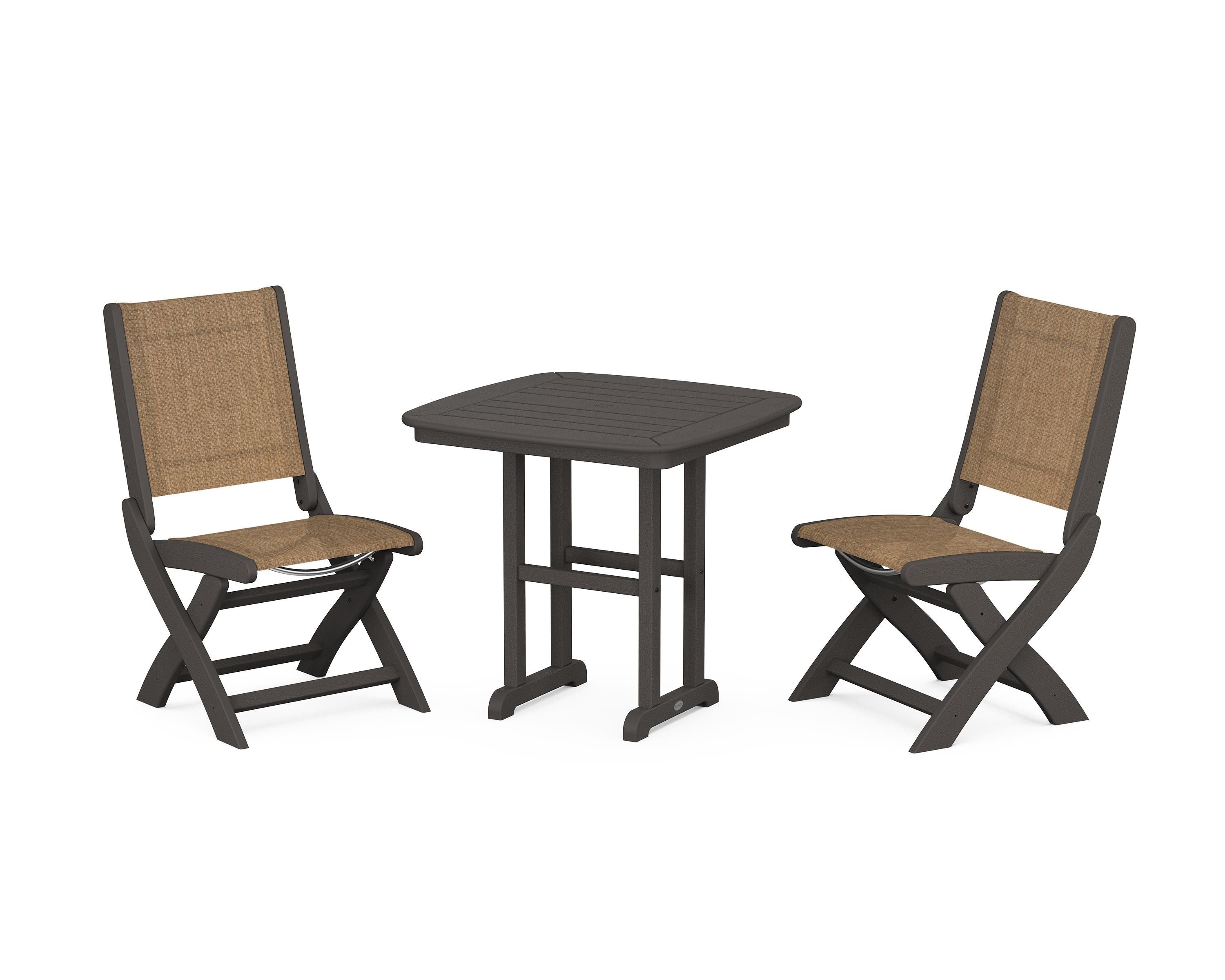 POLYWOOD Coastal Folding Side Chair 3-Piece Dining Set in Vintage Coffee / Burlap Sling