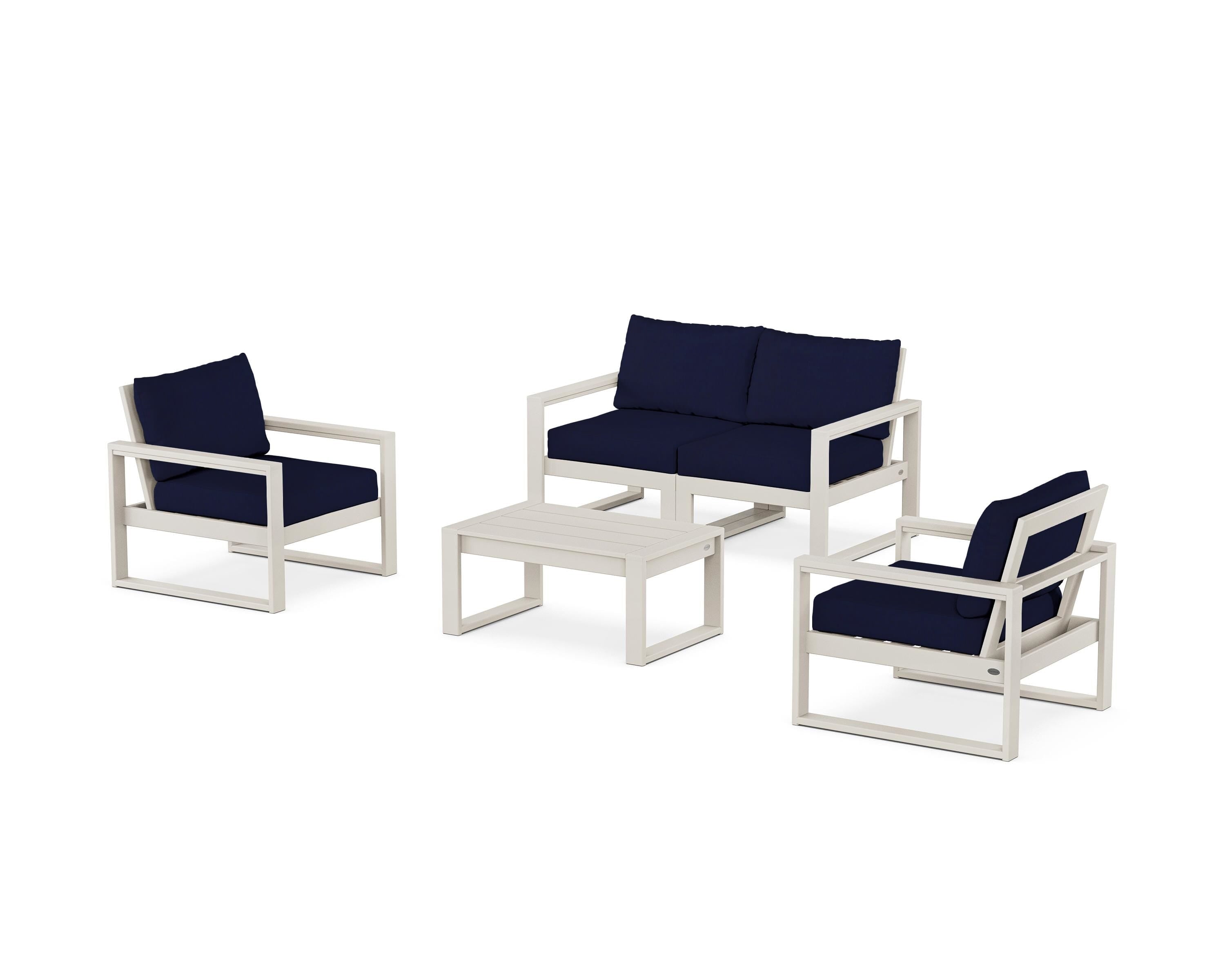 POLYWOOD EDGE Sectional 4-Piece Deep Seating Set with Loveseat in Sand / Navy