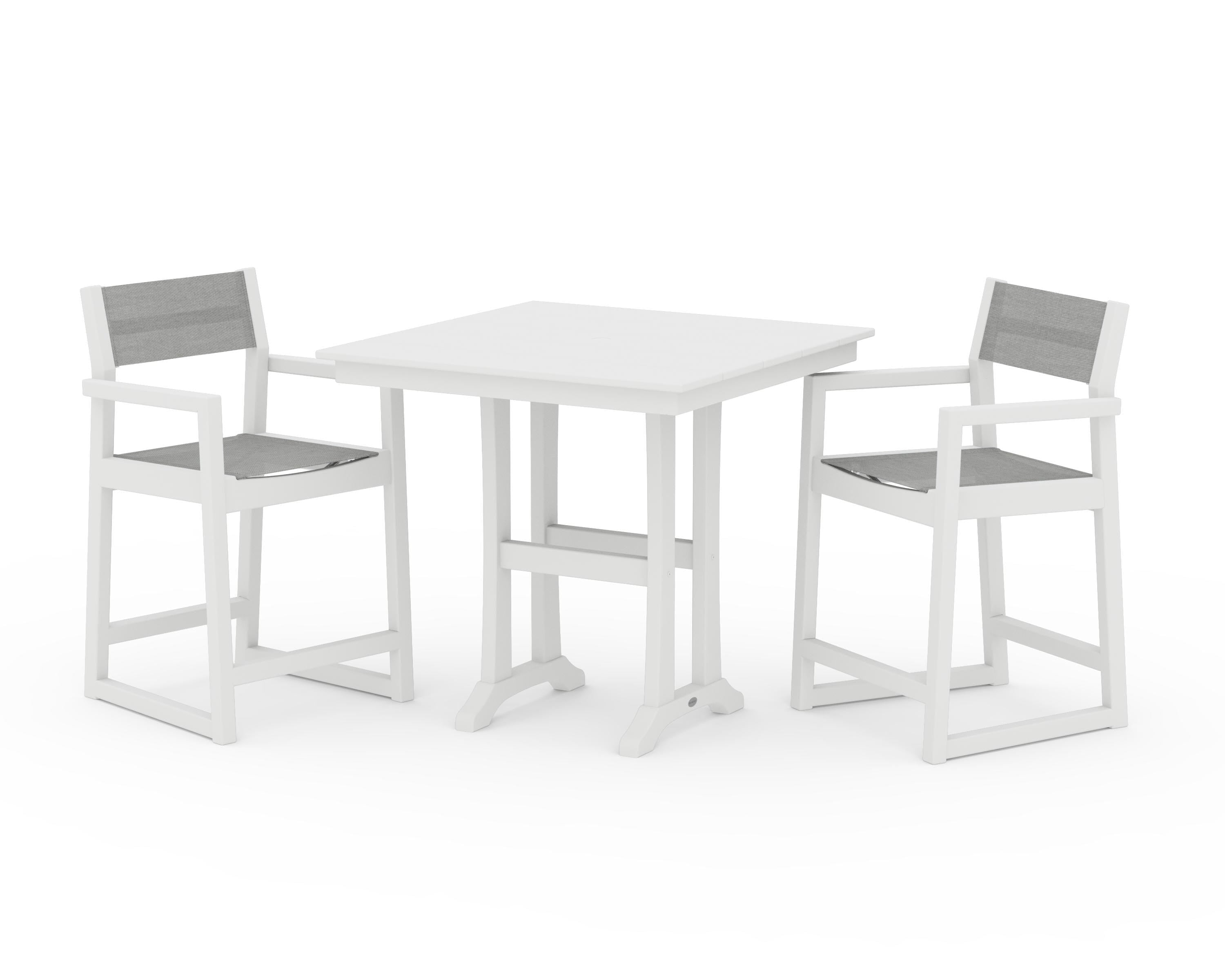 POLYWOOD EDGE Sling Arm Chair 3-Piece Farmhouse Counter Set with Trestle Legs in White / Metallic Sling