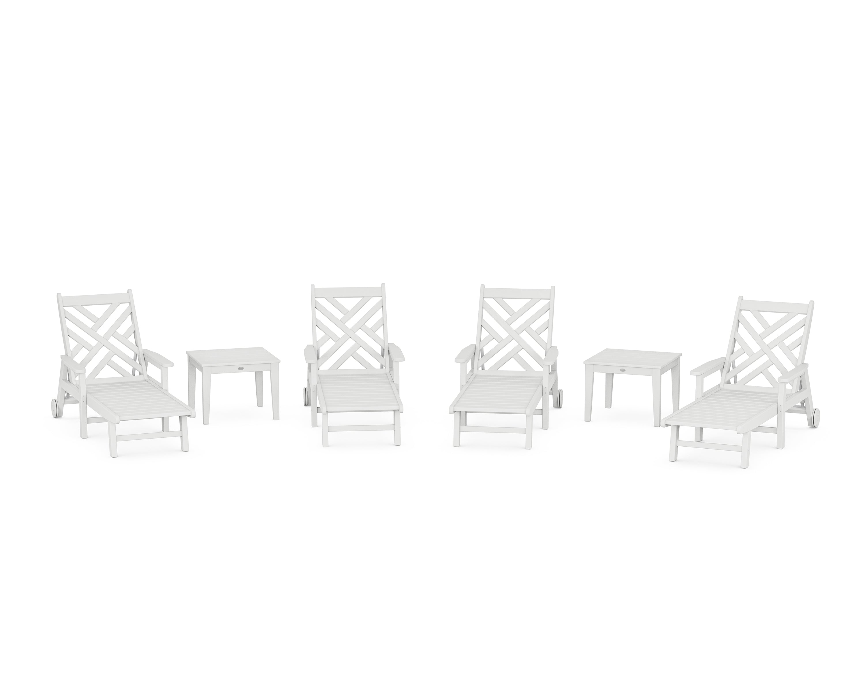 POLYWOOD Chippendale 6-Piece Chaise Set with Arms and Wheels in White