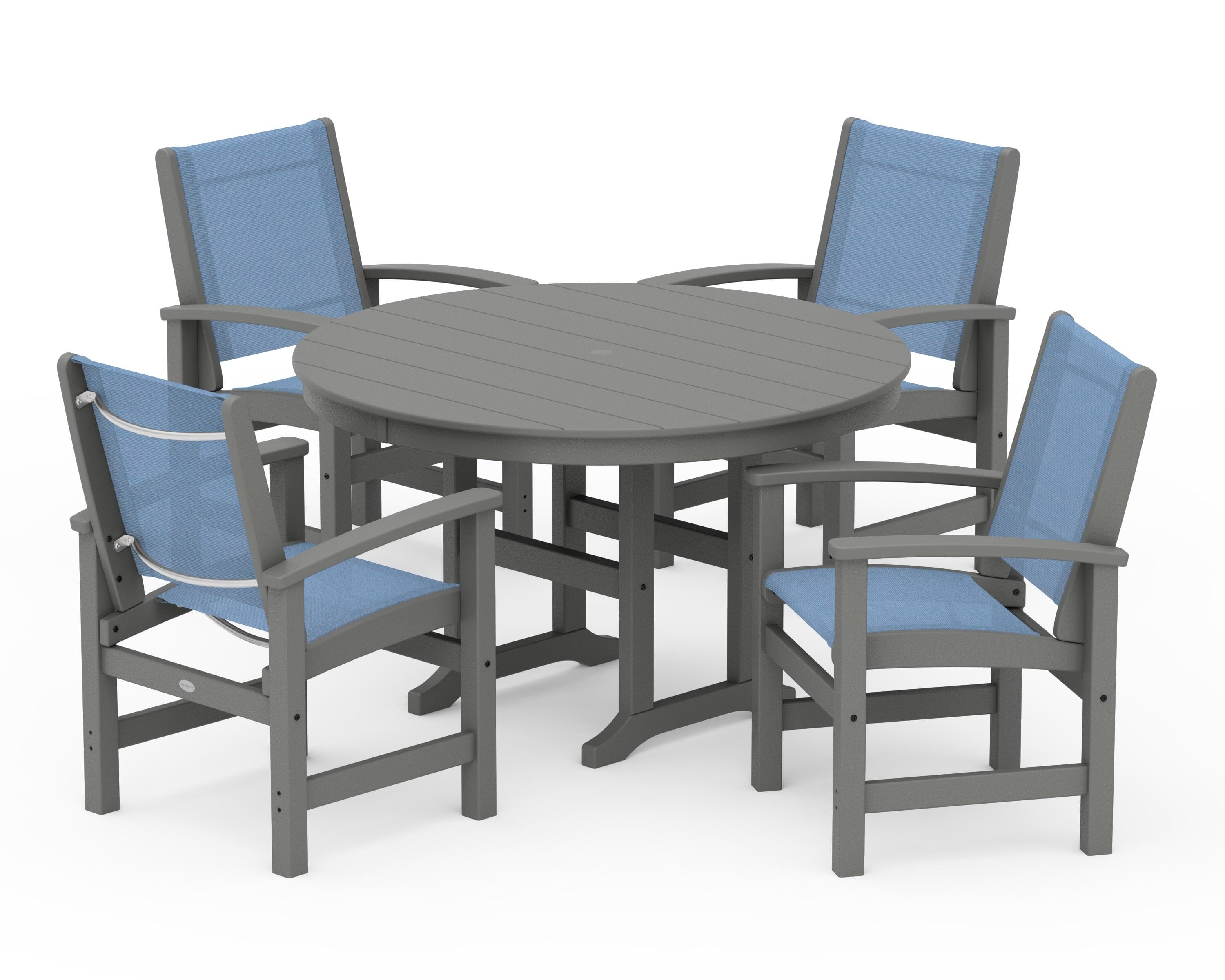 POLYWOOD Coastal 5-Piece Round Farmhouse Dining Set in Slate Grey / Poolside Sling