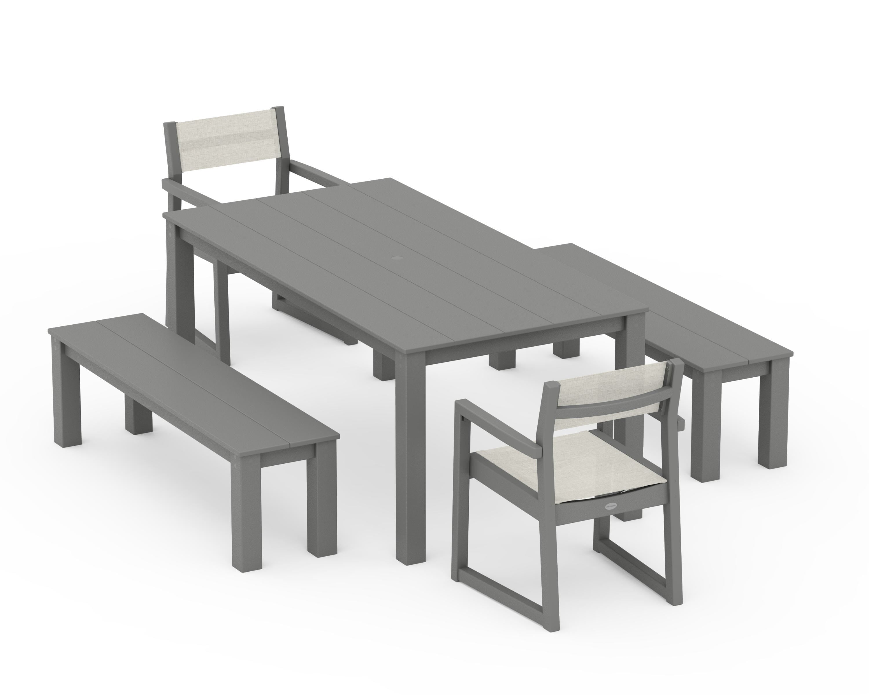 POLYWOOD EDGE Sling Arm Chair 5-Piece Parsons Dining Set with Benches in Slate Grey / Parchment Sling