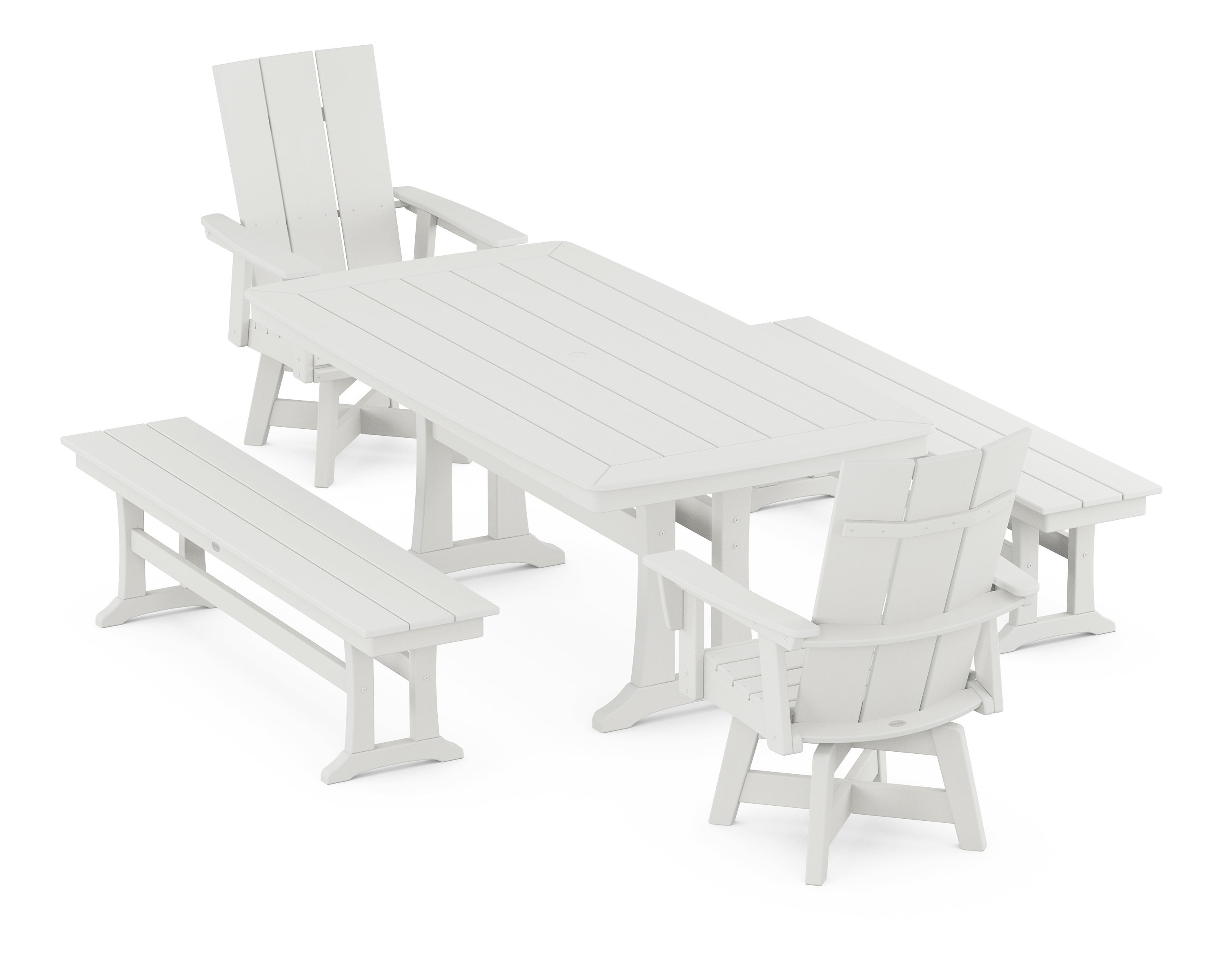 POLYWOOD Modern Curveback Adirondack Swivel Chair 5-Piece Dining Set with Trestle Legs and Benches in Vintage White