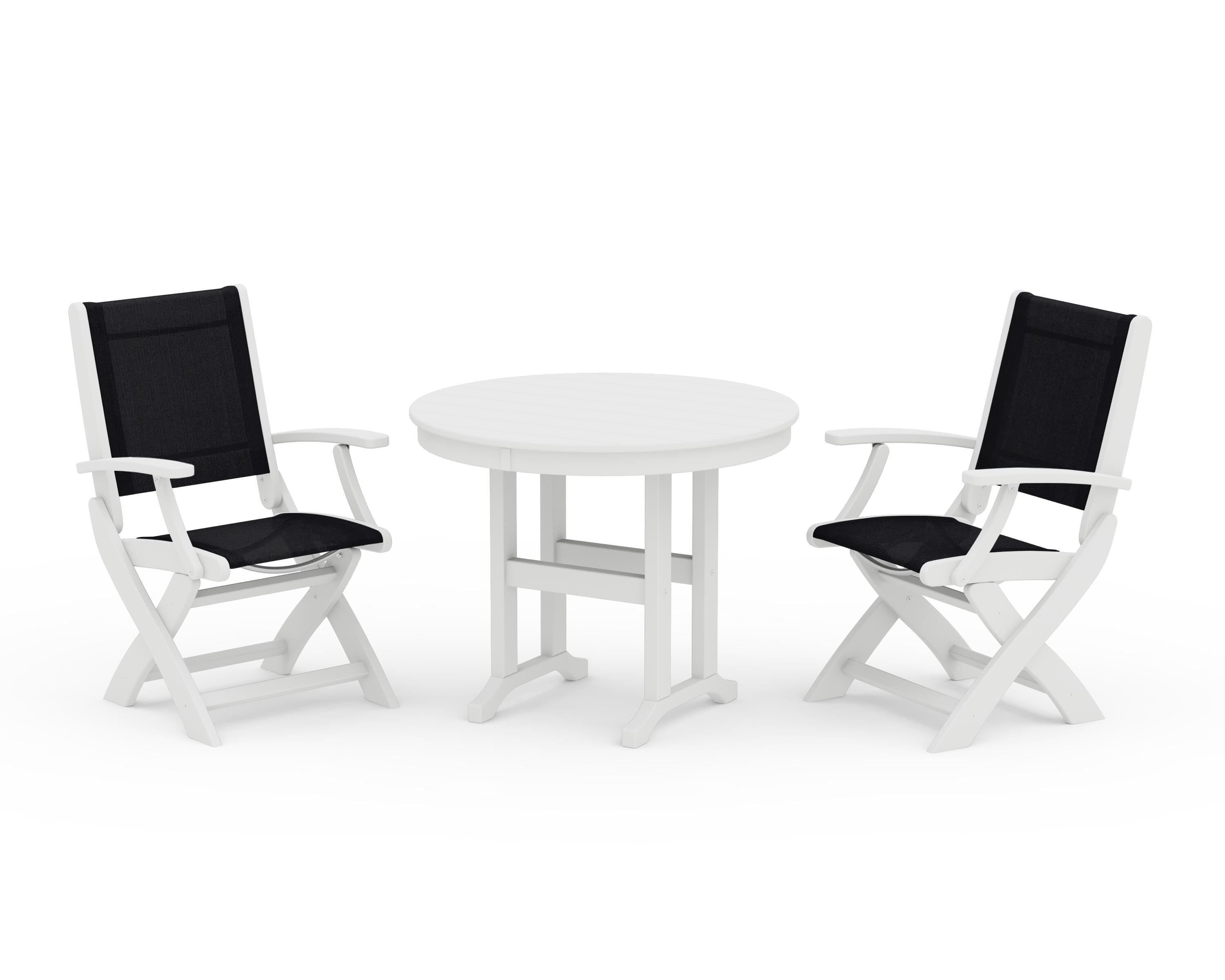 POLYWOOD Coastal Folding Chair 3-Piece Round Dining Set in White / Black Sling