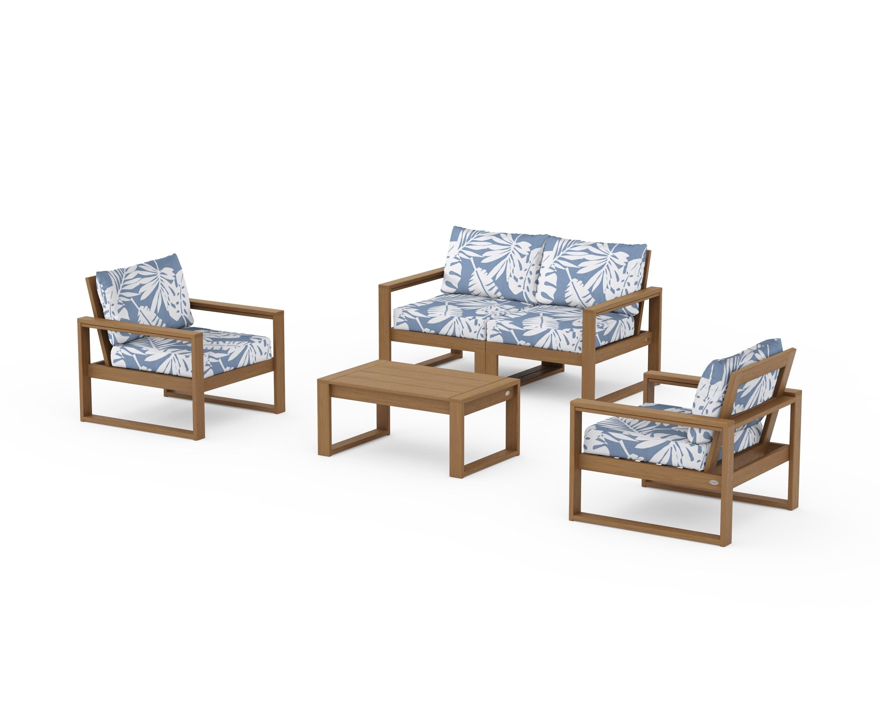 POLYWOOD EDGE Sectional 4-Piece Deep Seating Set with Loveseat in Natural / Leaf Sky Blue