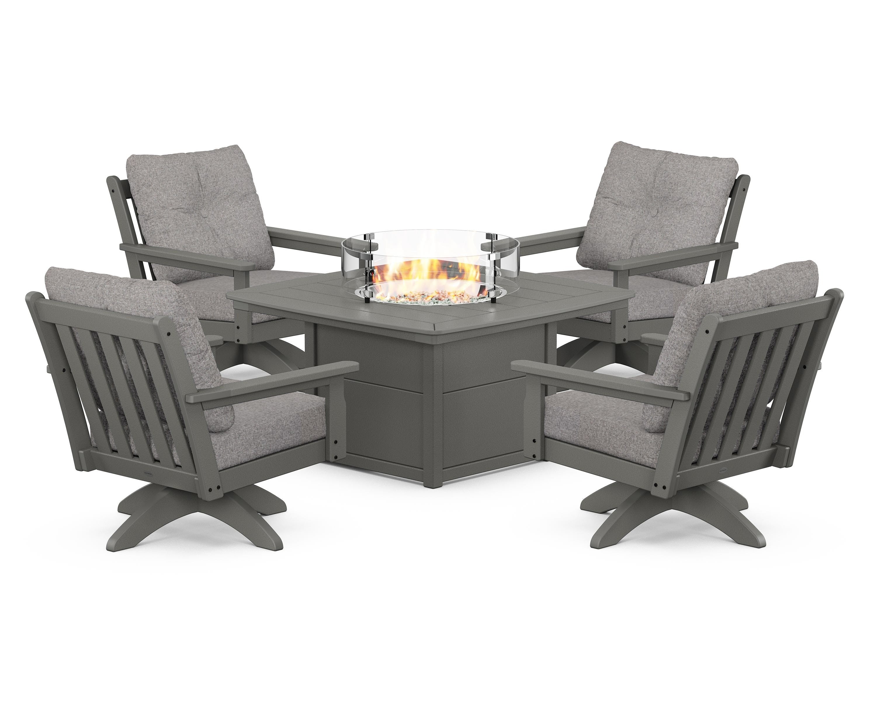 POLYWOOD Vineyard 5-Piece Deep Seating Swivel Conversation Set with Fire Pit Table in Slate Grey / Grey Mist