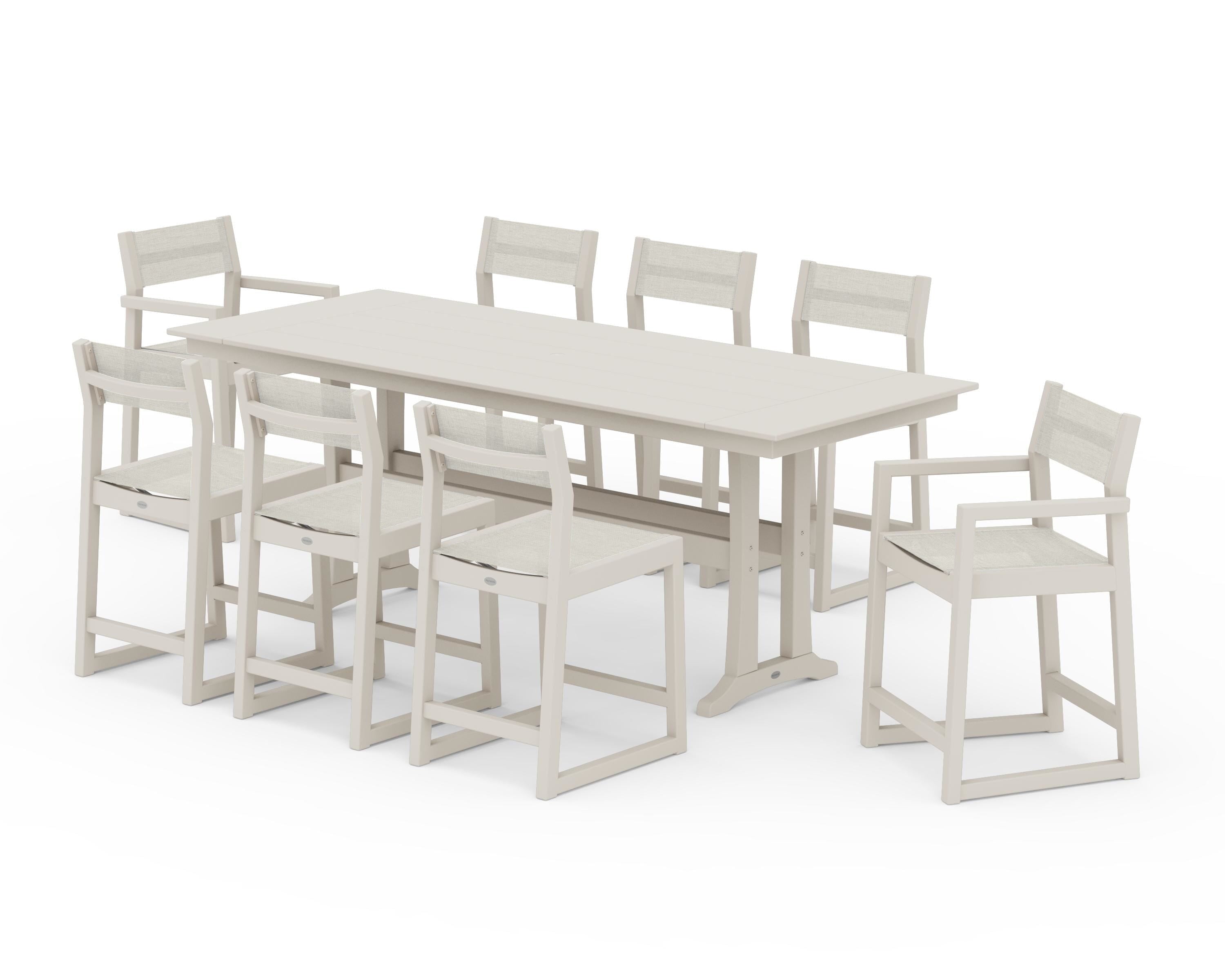 POLYWOOD EDGE Sling 9-Piece Farmhouse Counter Set with Trestle Legs in Sand / Parchment Sling