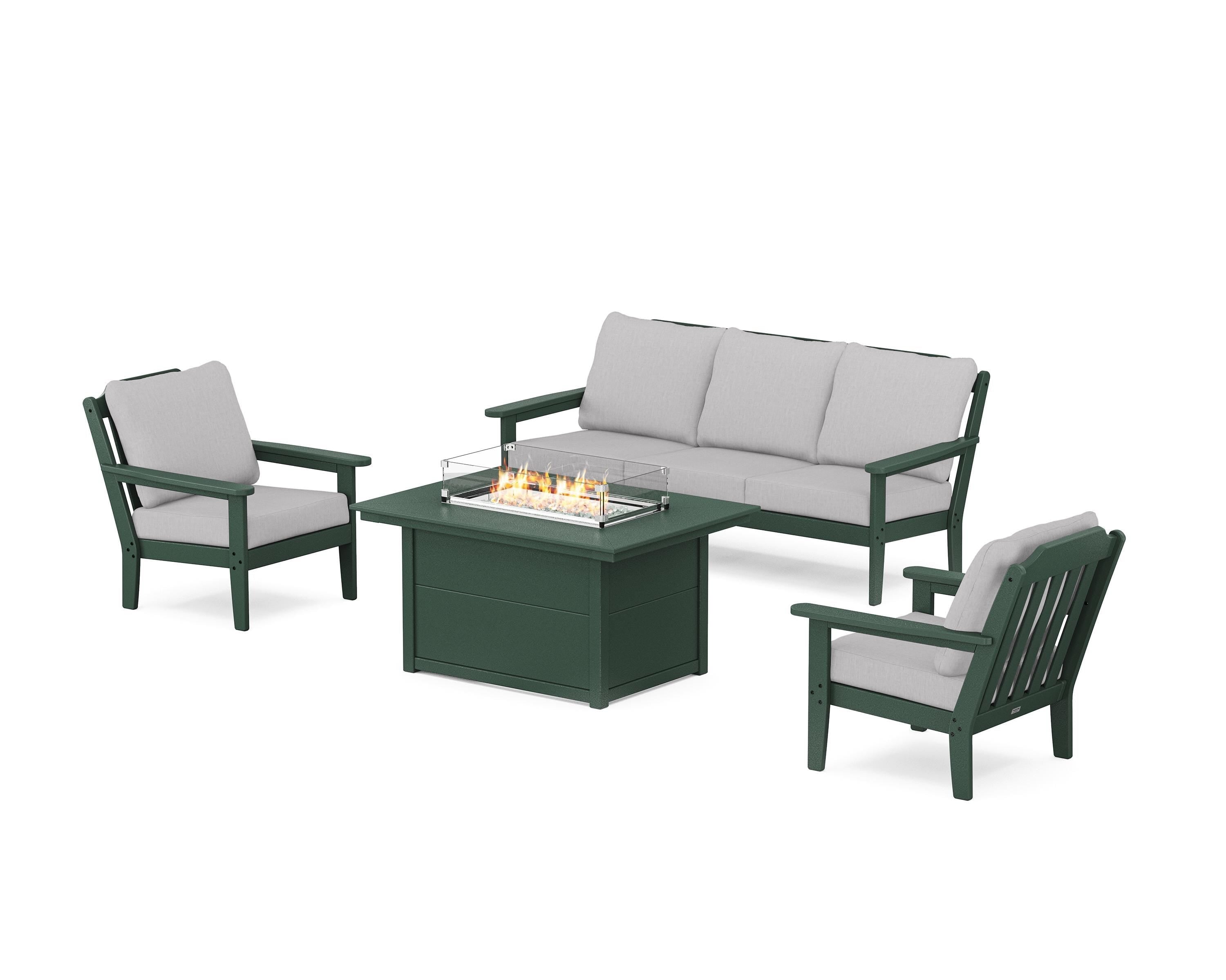 Country Living Cottage Deep Seating Fire Pit Table Set in Green / Granite