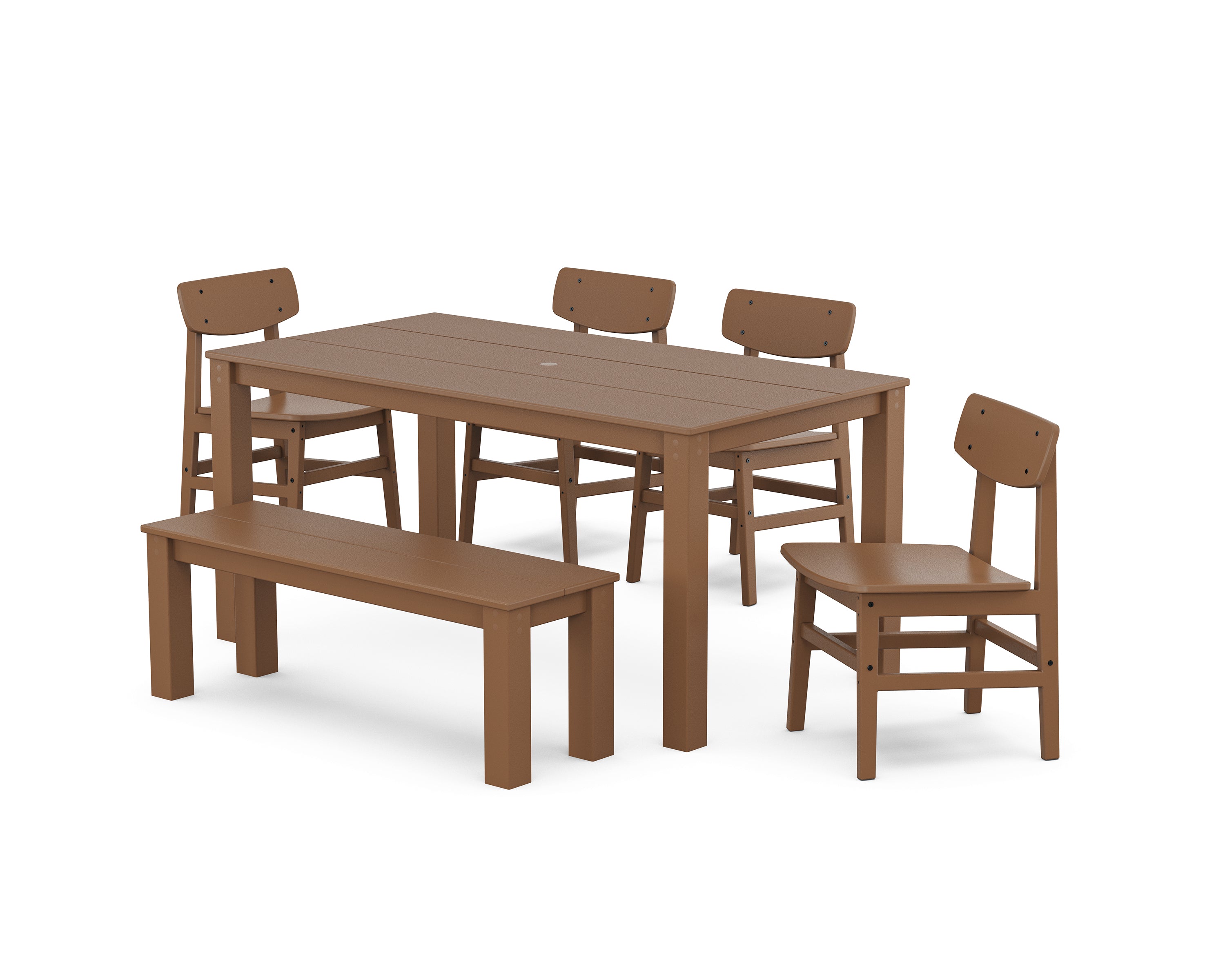 POLYWOOD® Modern Studio Urban Chair 6-Piece Parsons Dining Set with Bench in Teak