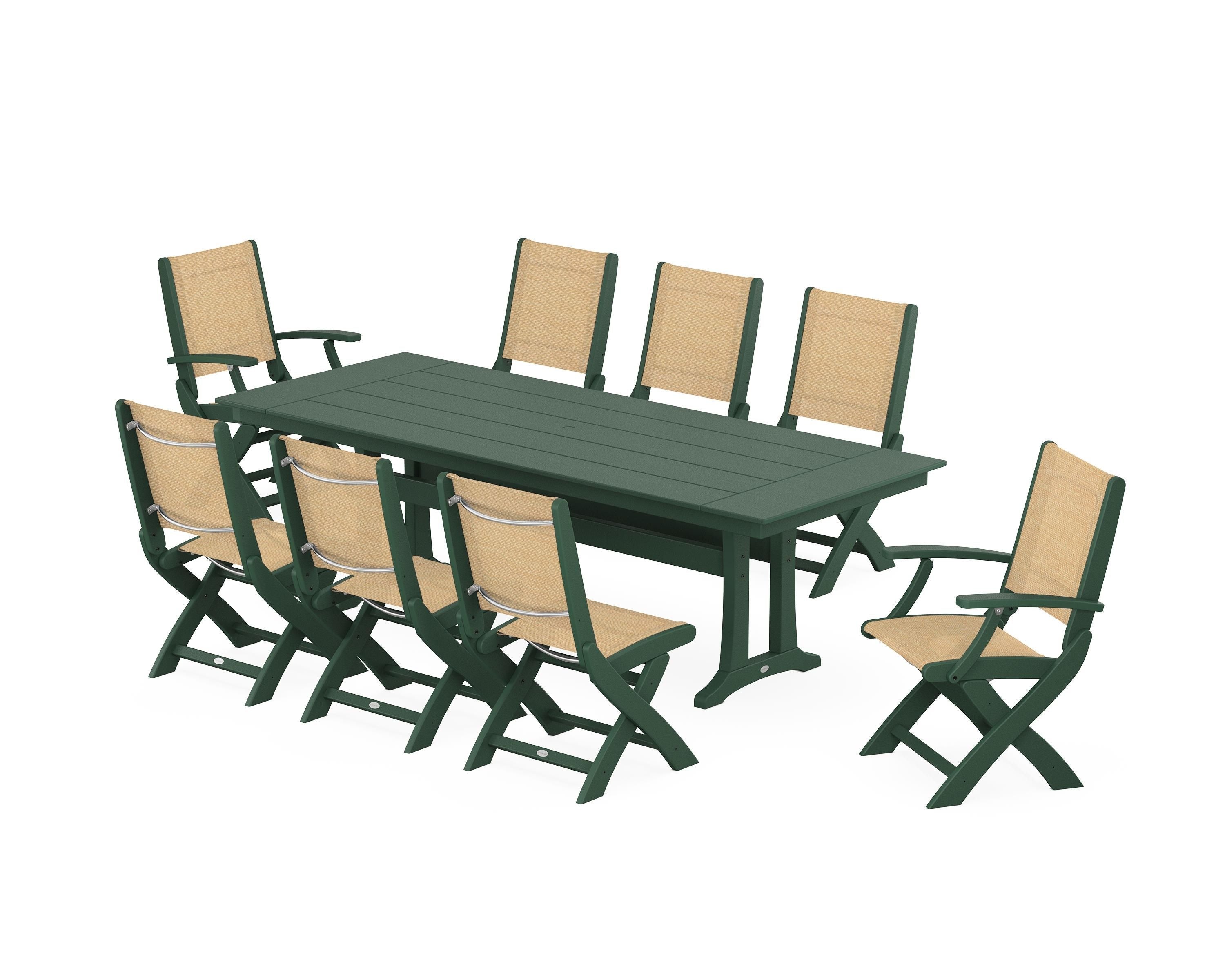 POLYWOOD Coastal 9-Piece Folding Dining Chair Farmhouse Dining Set with Trestle Legs in Green / Dupioni Apricot Sling