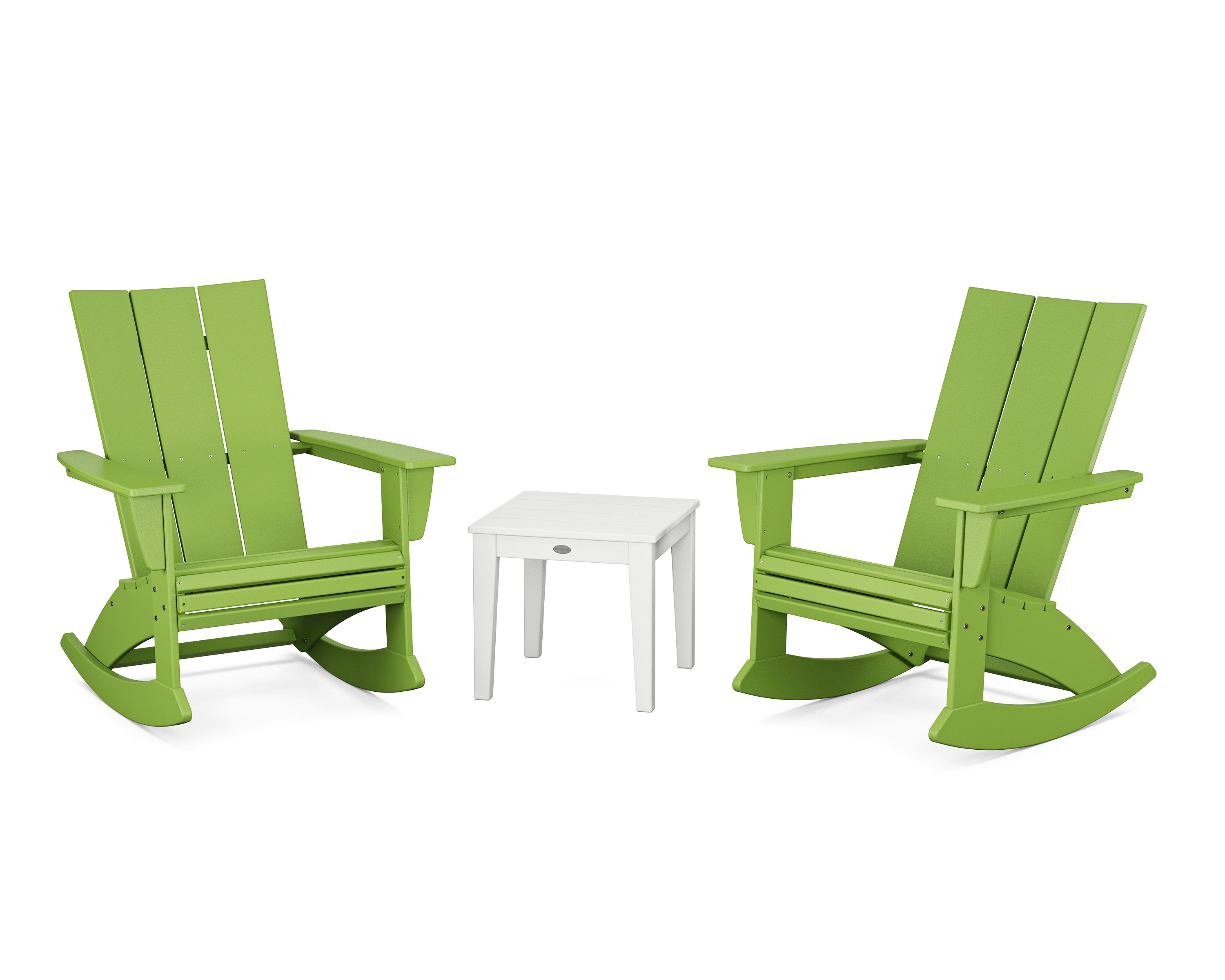 POLYWOOD Modern Curveback 3-Piece Adirondack Rocking Chair Set in Lime / White