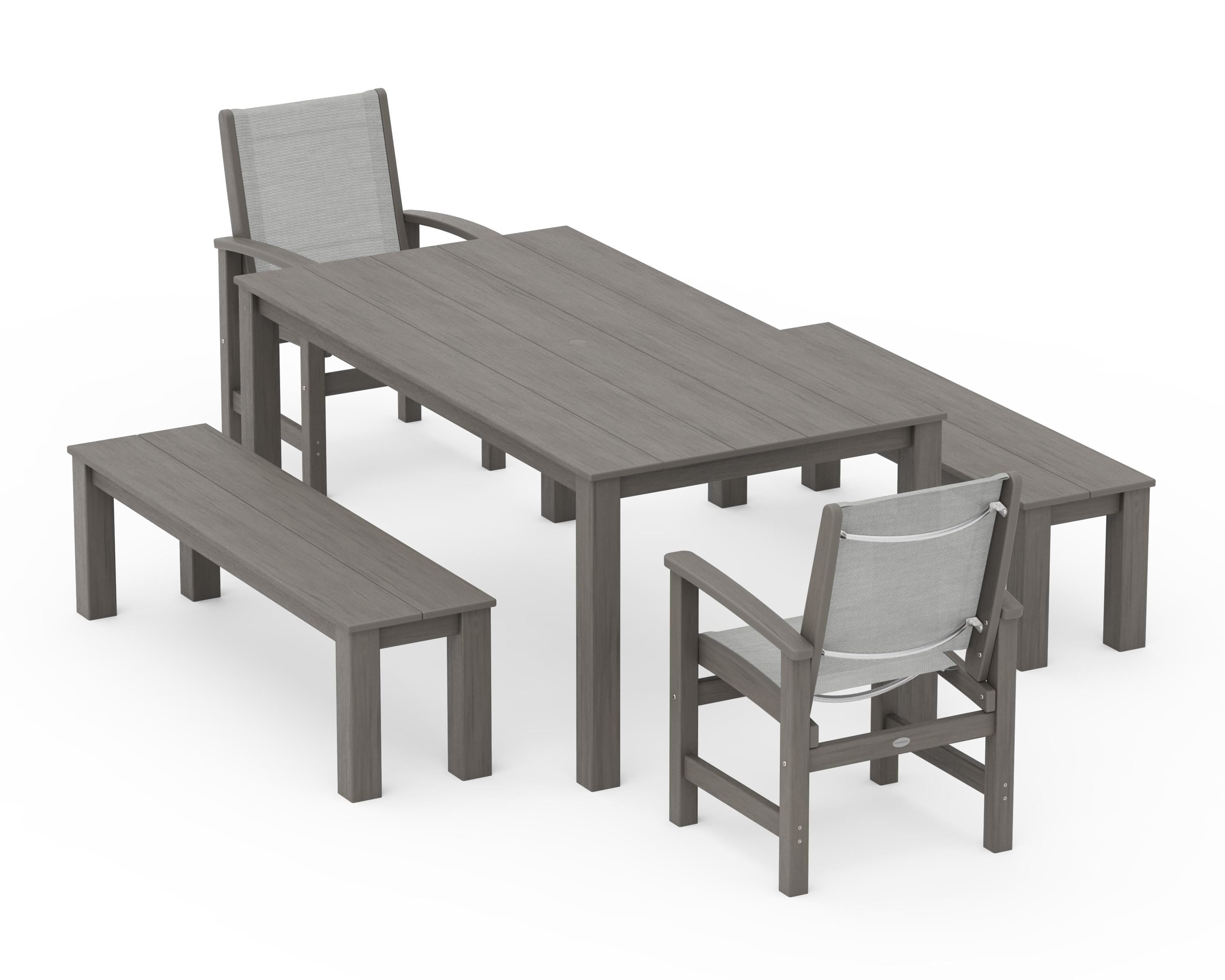 POLYWOOD Coastal 5-Piece Parsons Dining Set with Benches in Driftwood / Metallic Sling