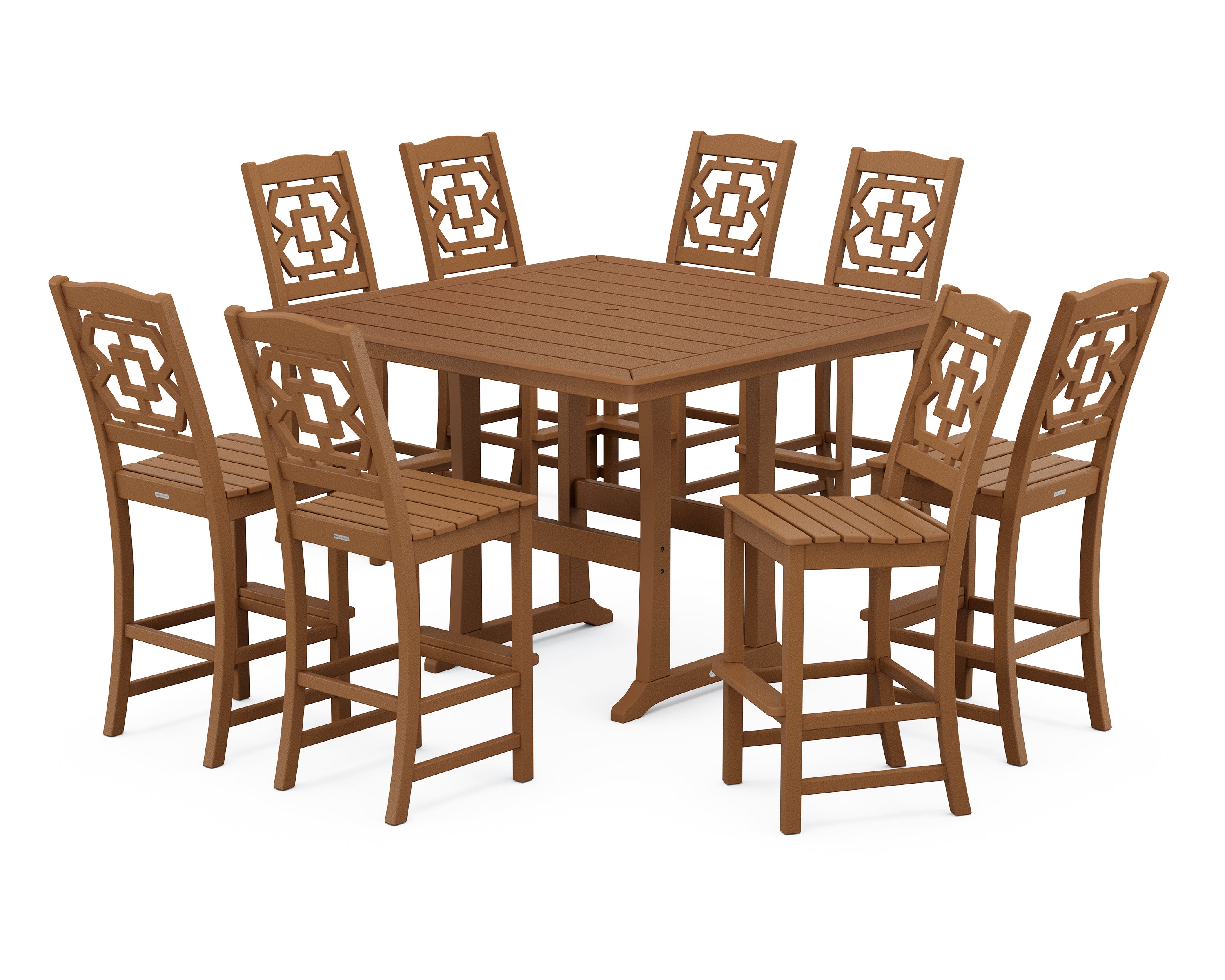 Martha Stewart by POLYWOOD® Chinoiserie 9-Piece Square Side Chair Bar Set with Trestle Legs in Teak