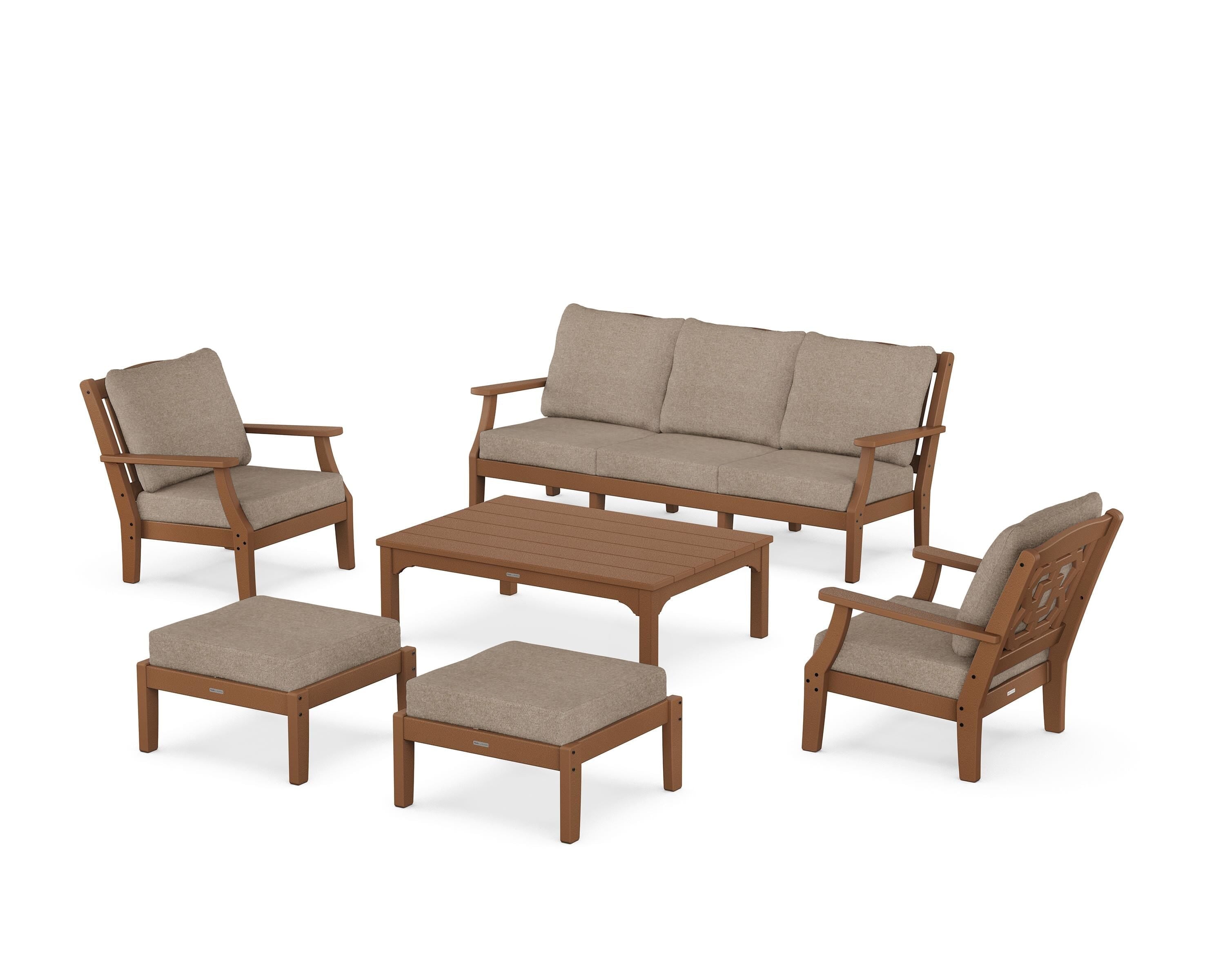 Martha Stewart by POLYWOOD Chinoiserie 6-Piece Lounge Sofa Set in Teak / Spiced Burlap