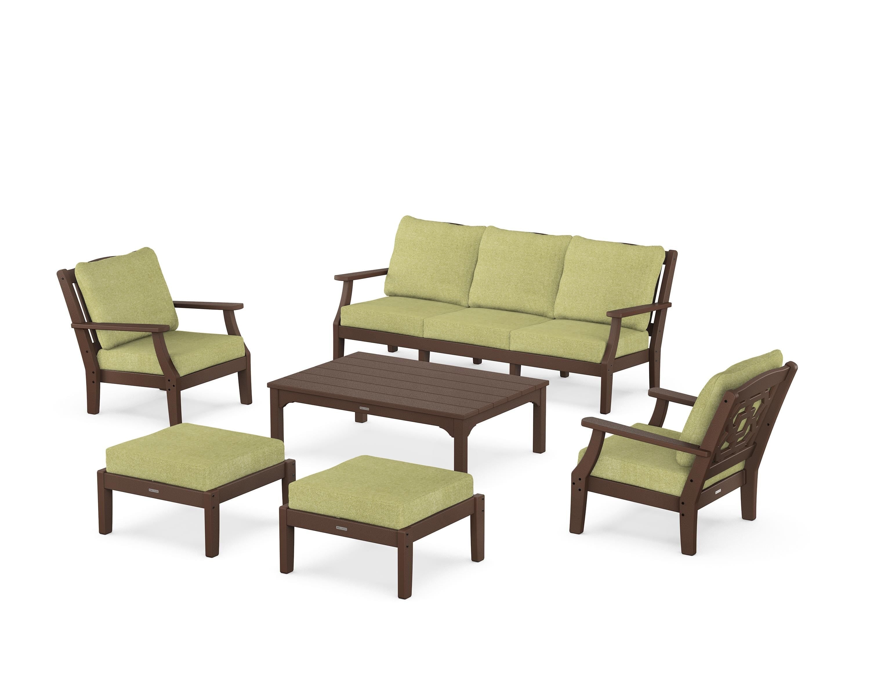 Martha Stewart by POLYWOOD Chinoiserie 6-Piece Lounge Sofa Set in Mahogany / Chartreuse Boucle