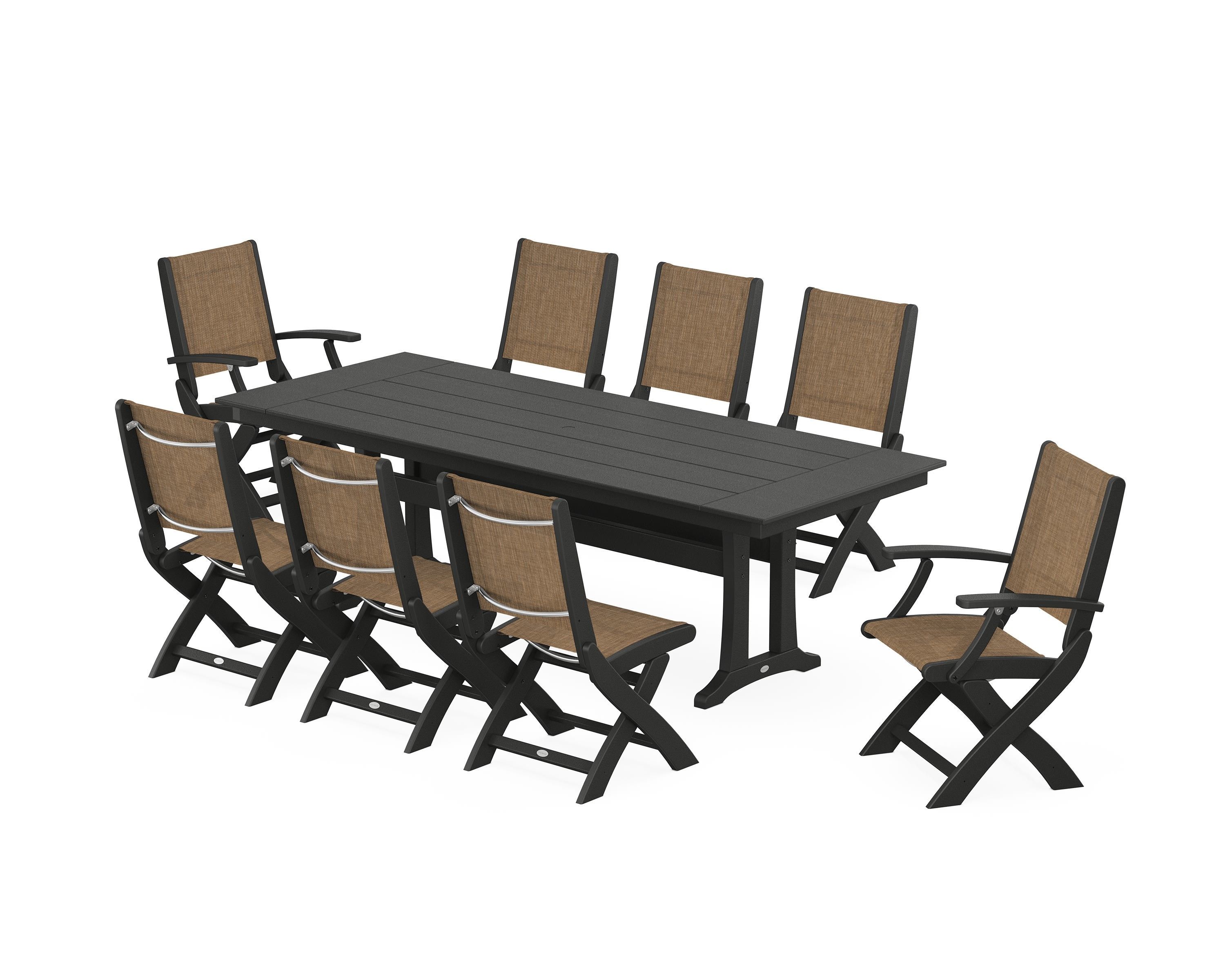 POLYWOOD Coastal 9-Piece Folding Dining Chair Farmhouse Dining Set with Trestle Legs in Black / Burlap Sling