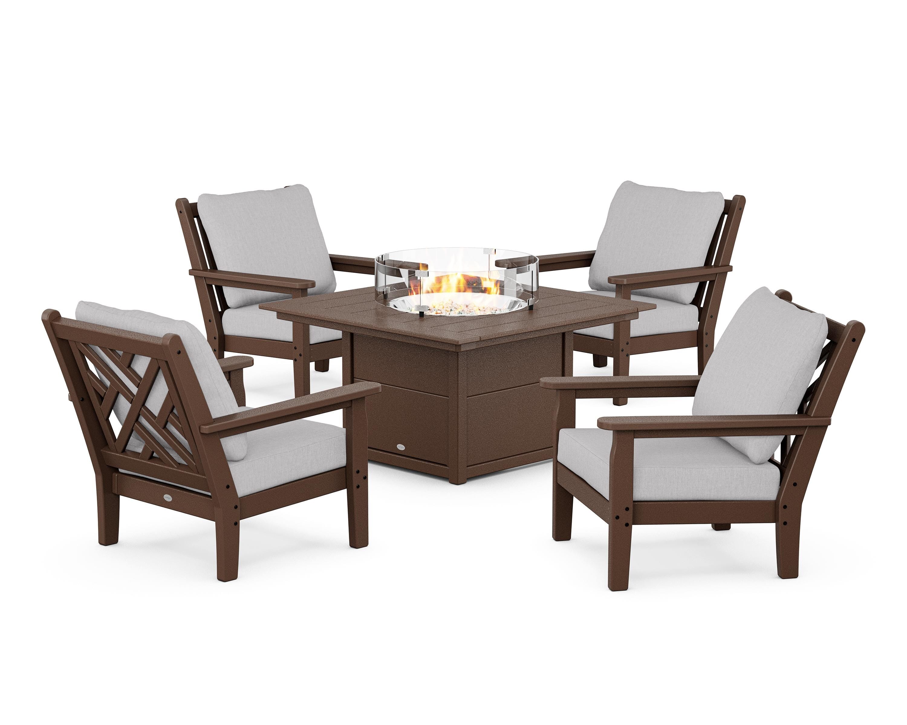 POLYWOOD Chippendale 5-Piece Deep Seating Set with Fire Pit Table in Mahogany / Granite