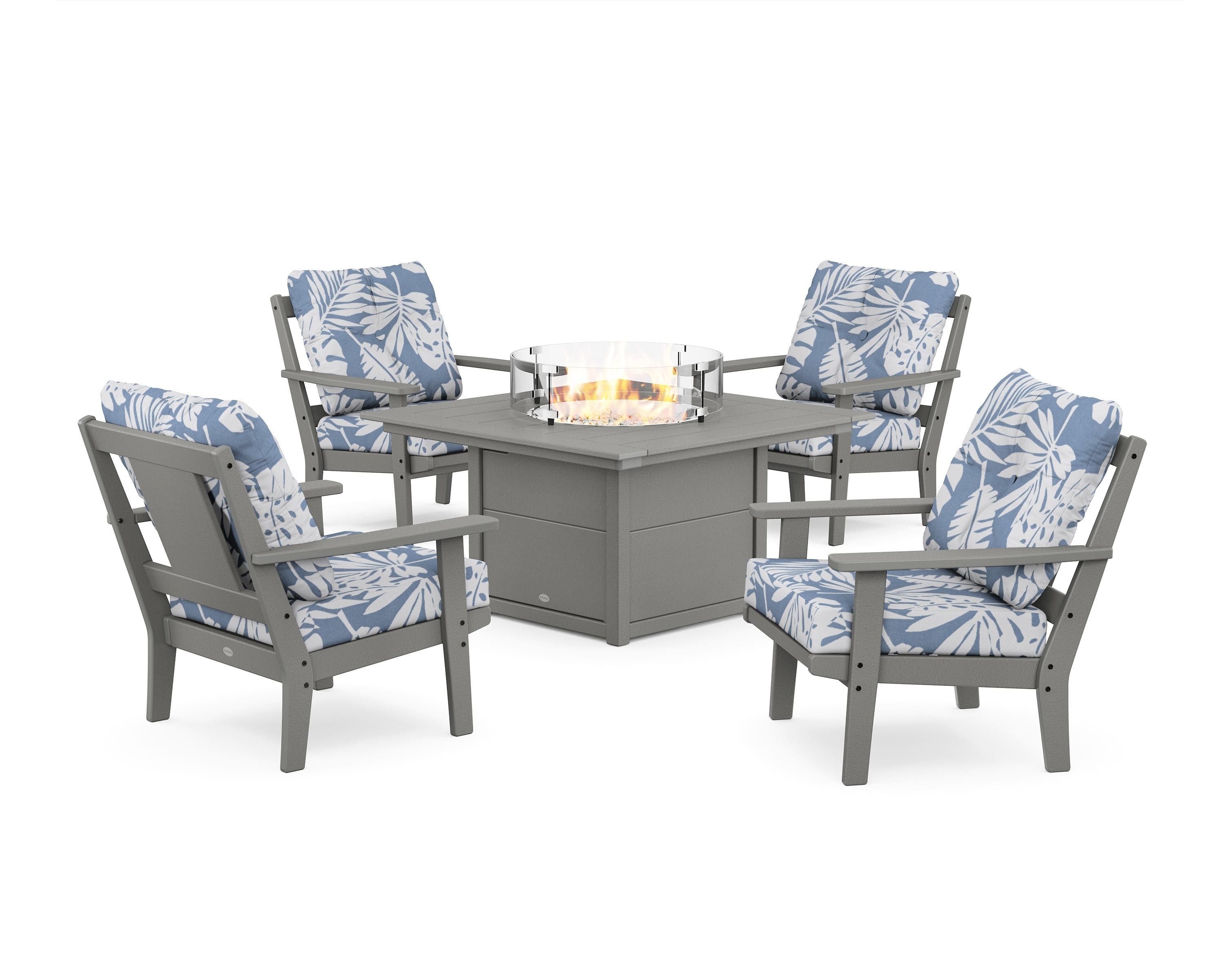 POLYWOOD Prairie 5-Piece Deep Seating Set with Fire Pit Table in Slate Grey / Leaf Sky Blue