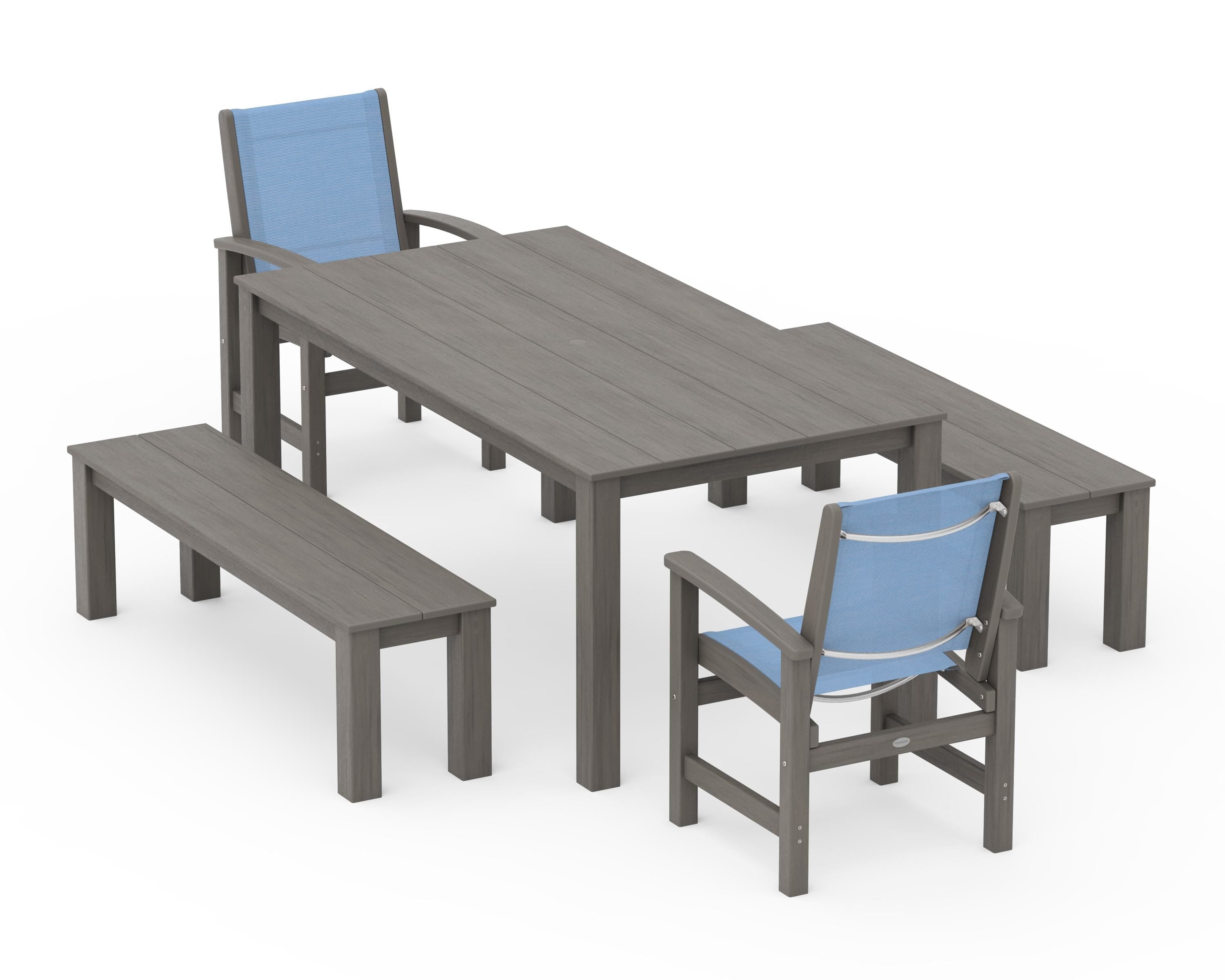 POLYWOOD Coastal 5-Piece Parsons Dining Set with Benches in Driftwood / Poolside Sling