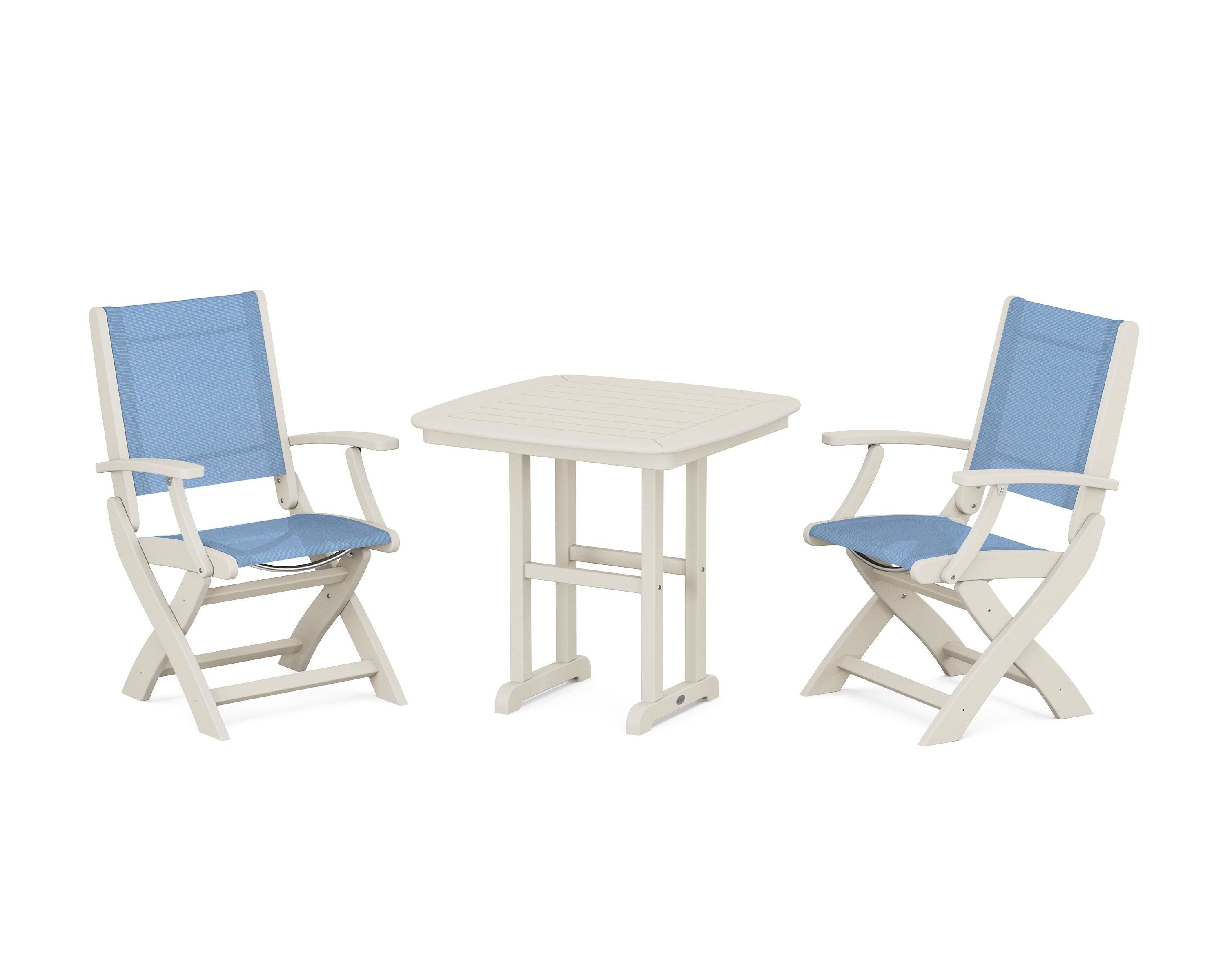 POLYWOOD Coastal Folding Chair 3-Piece Dining Set in Sand / Poolside Sling