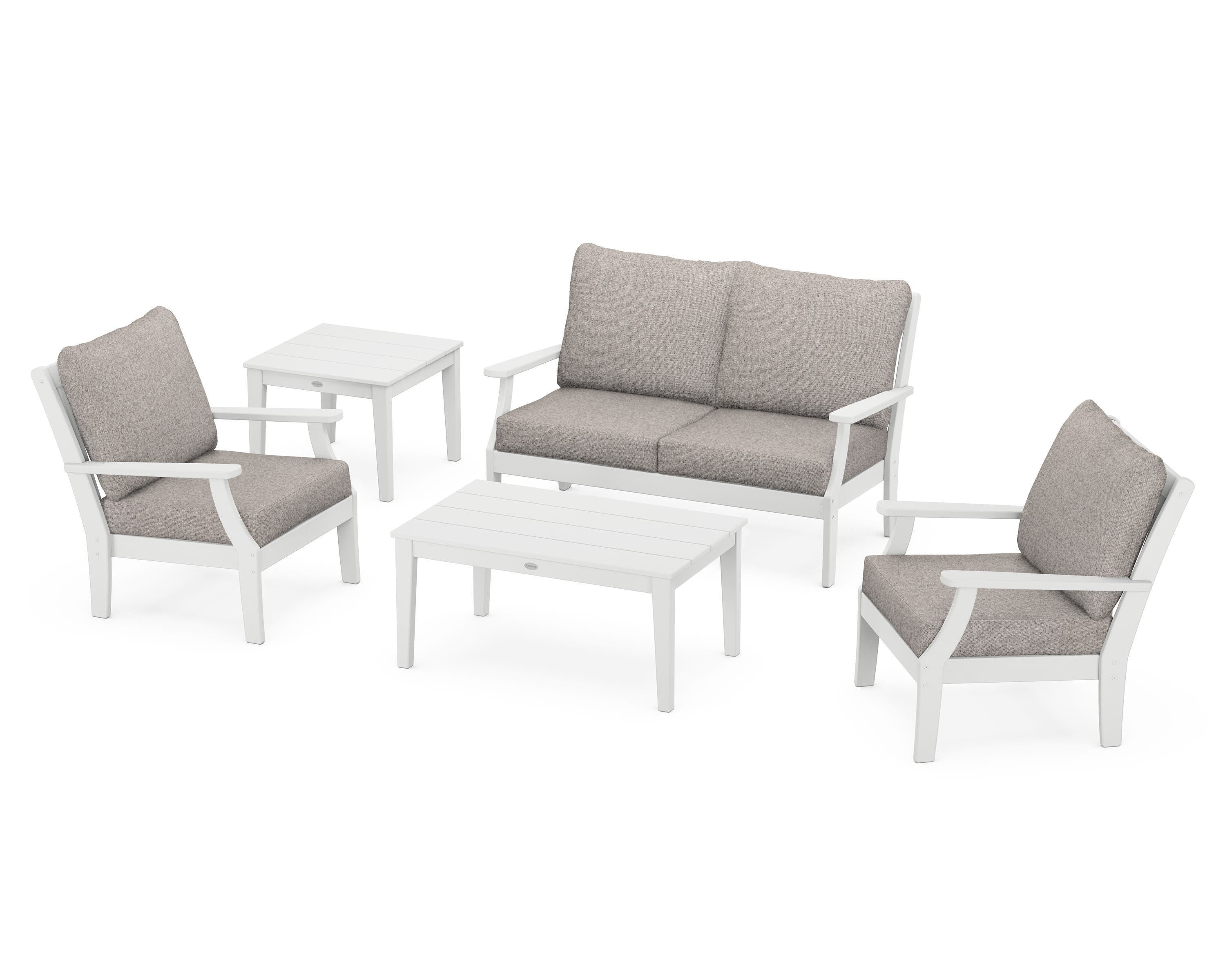 POLYWOOD Braxton 5-Piece Deep Seating Set in White / Weathered Tweed