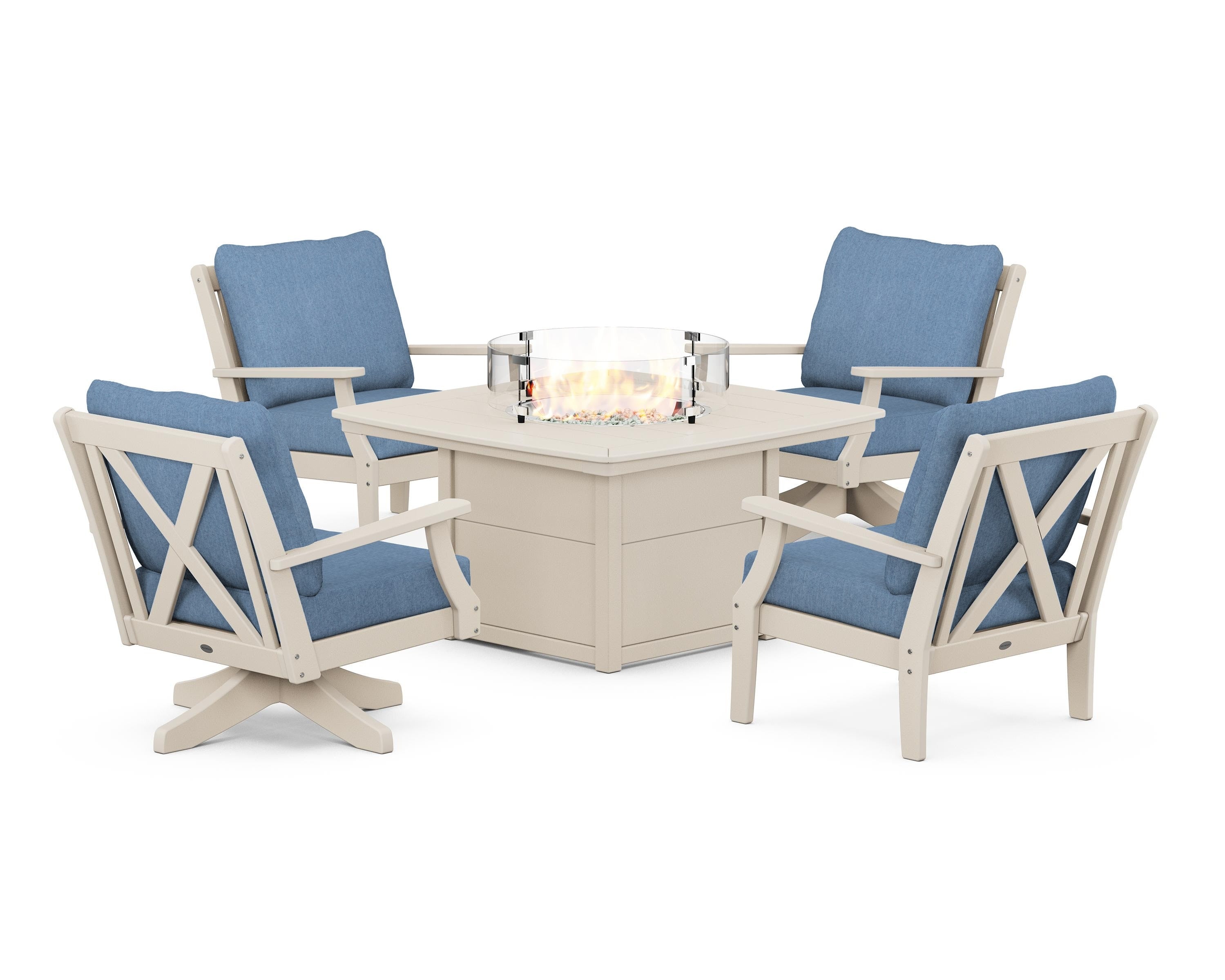 POLYWOOD Braxton 5-Piece Deep Seating Set with Fire Table in Sand / Sky Blue