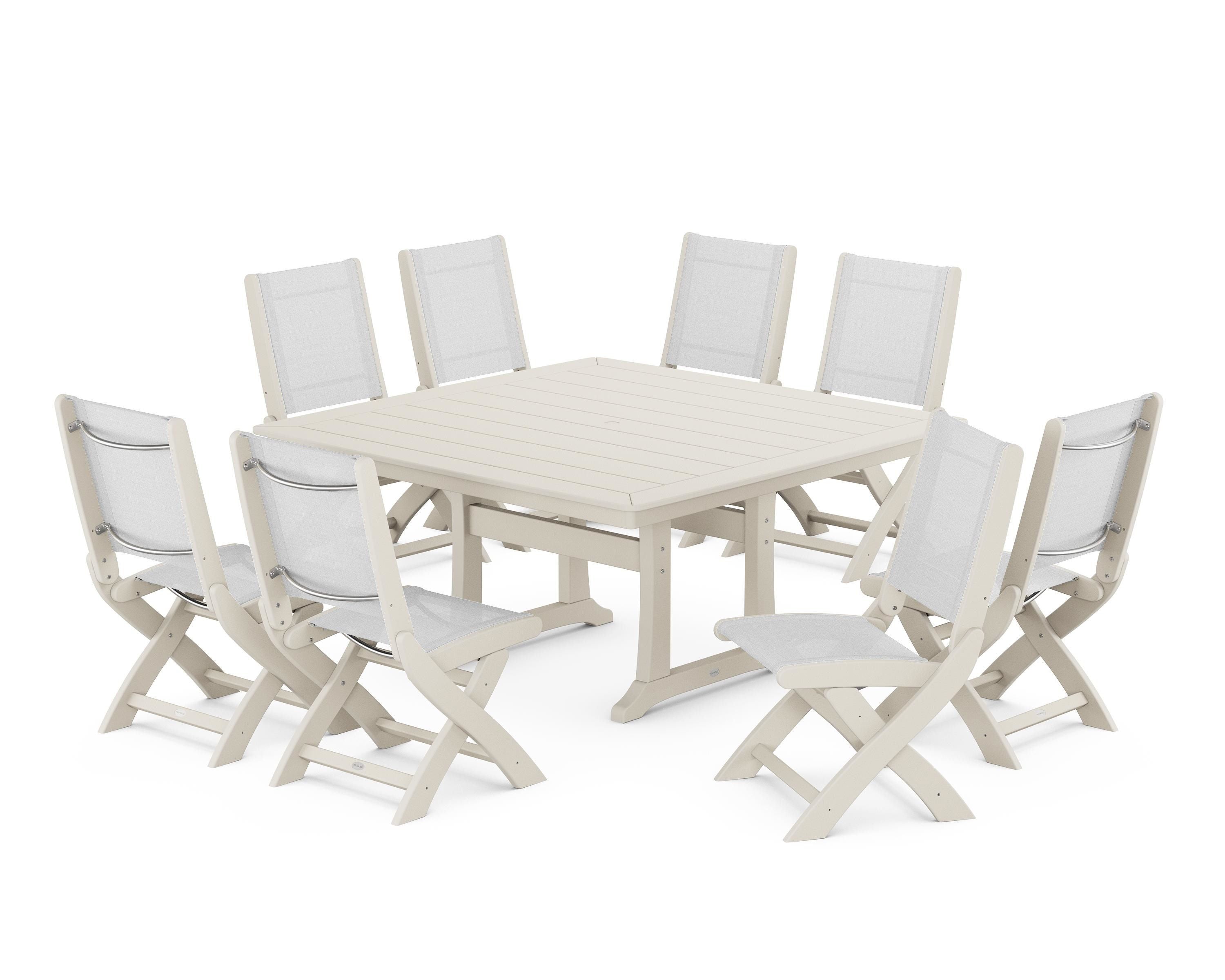 POLYWOOD Coastal Folding Side Chair 9-Piece Dining Set with Trestle Legs in Sand / White Sling