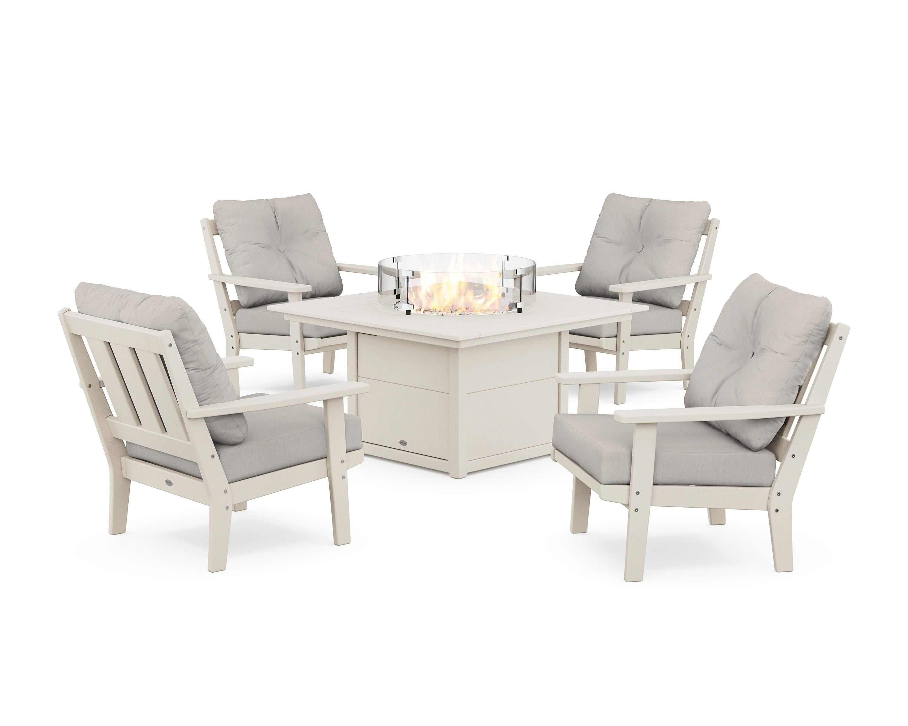 POLYWOOD Oxford 5-Piece Deep Seating Set with Fire Pit Table in Sand / Cast Ash