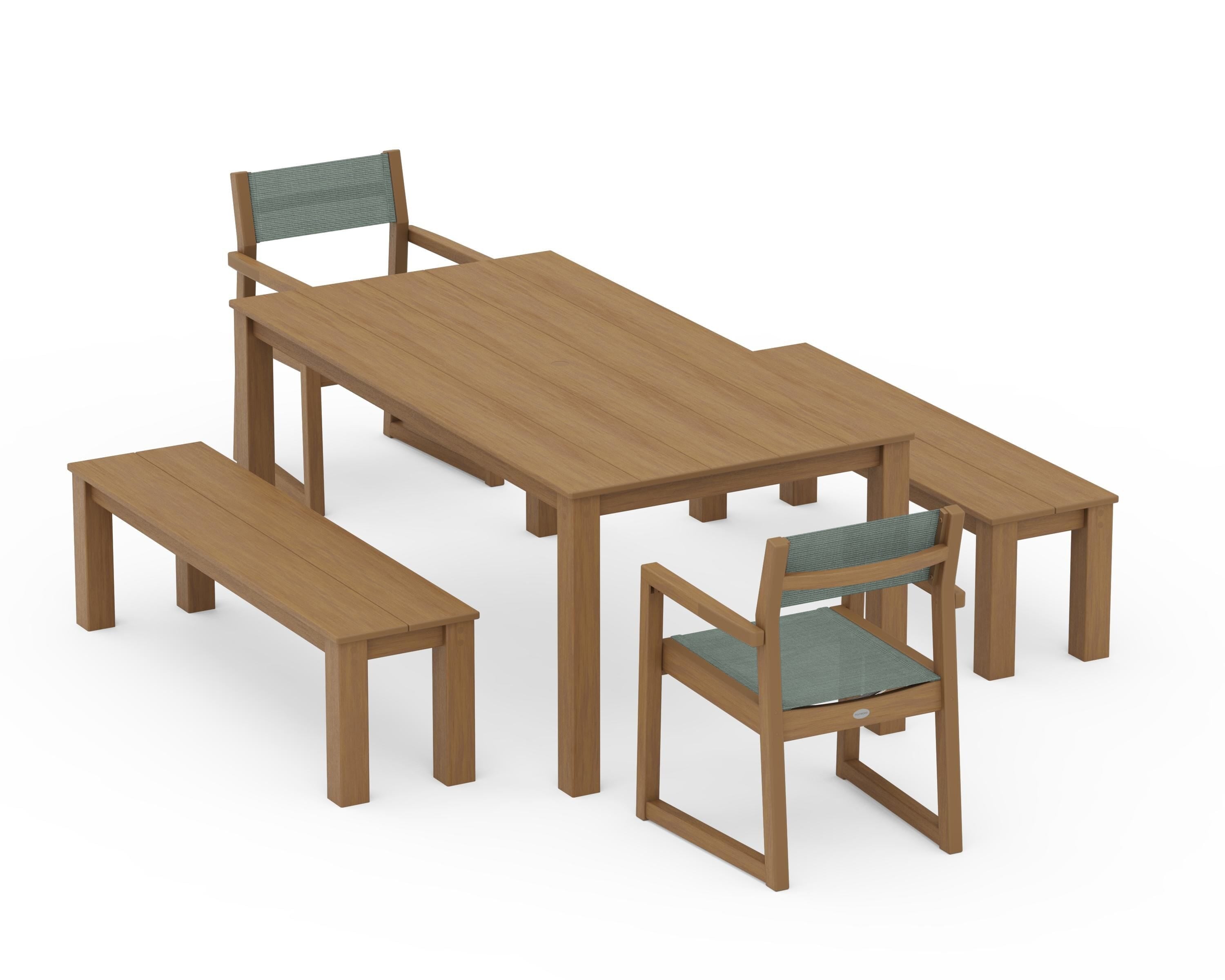 POLYWOOD EDGE Sling Arm Chair 5-Piece Parsons Dining Set with Benches in Natural / Dupioni Sea Mist Sling