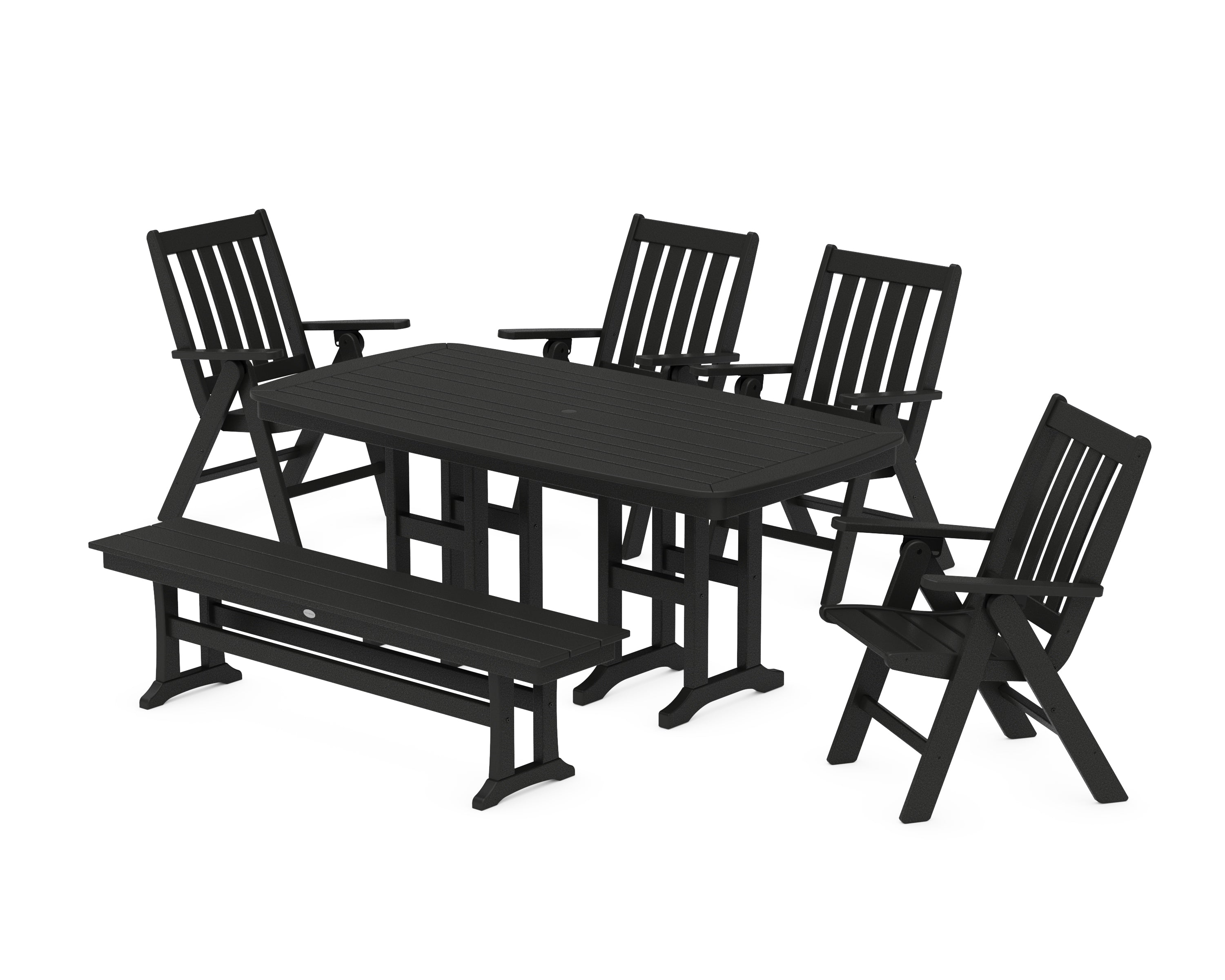 POLYWOOD Vineyard Folding Chair 6-Piece Dining Set with Bench in Black