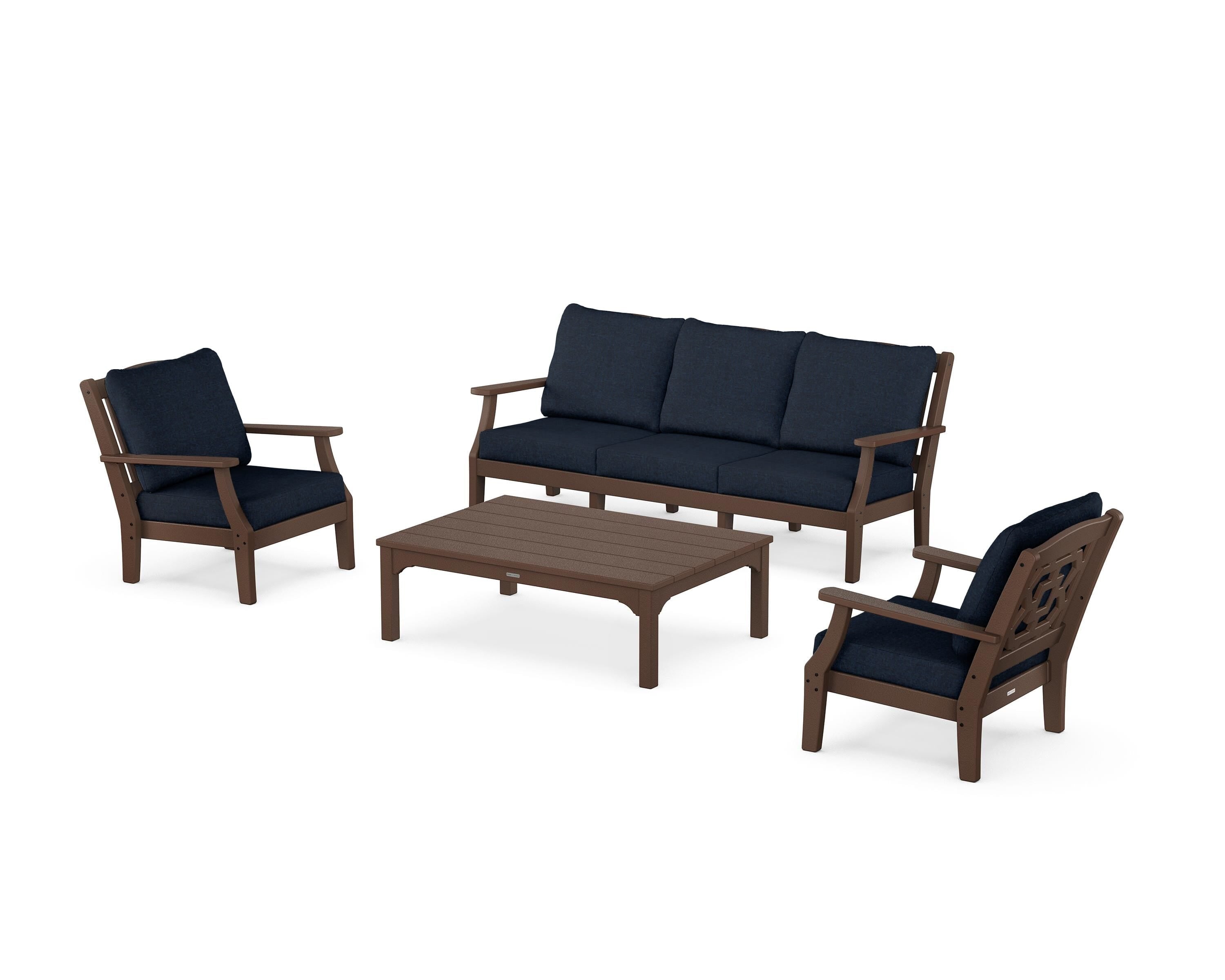 Martha Stewart by POLYWOOD Chinoiserie 4-Piece Deep Seating Set with Sofa in Mahogany / Marine Indigo