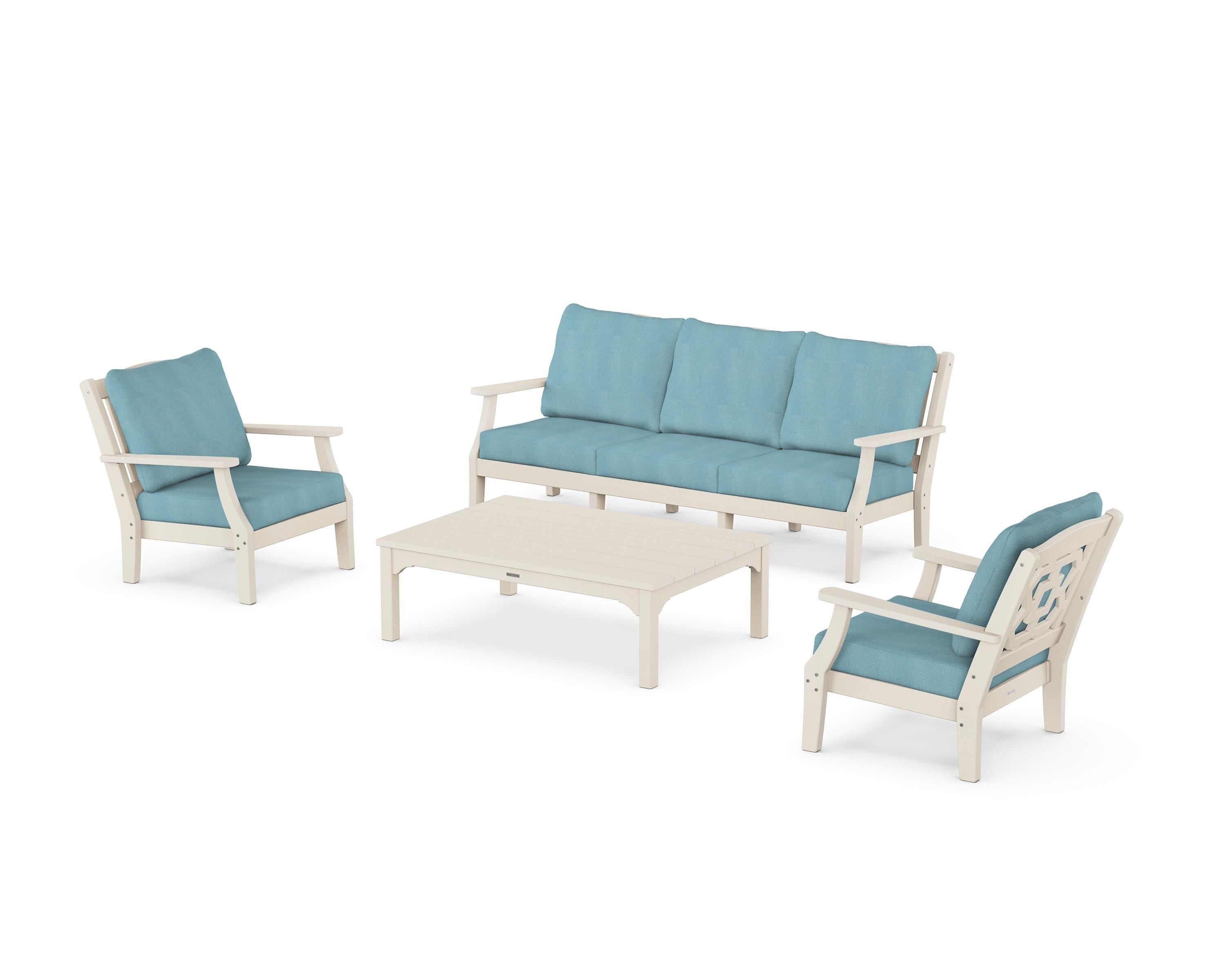 Martha Stewart by POLYWOOD Chinoiserie 4-Piece Deep Seating Set with Sofa in Sand / Lattice Sky Blue