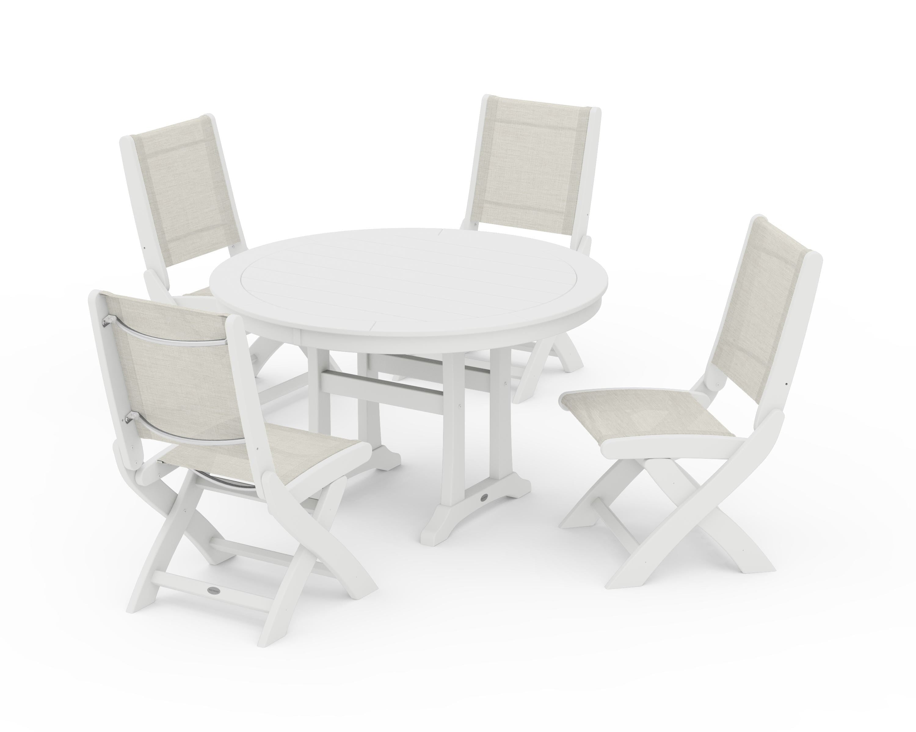 POLYWOOD Coastal Folding Side Chair 5-Piece Round Dining Set With Trestle Legs in White / Parchment Sling