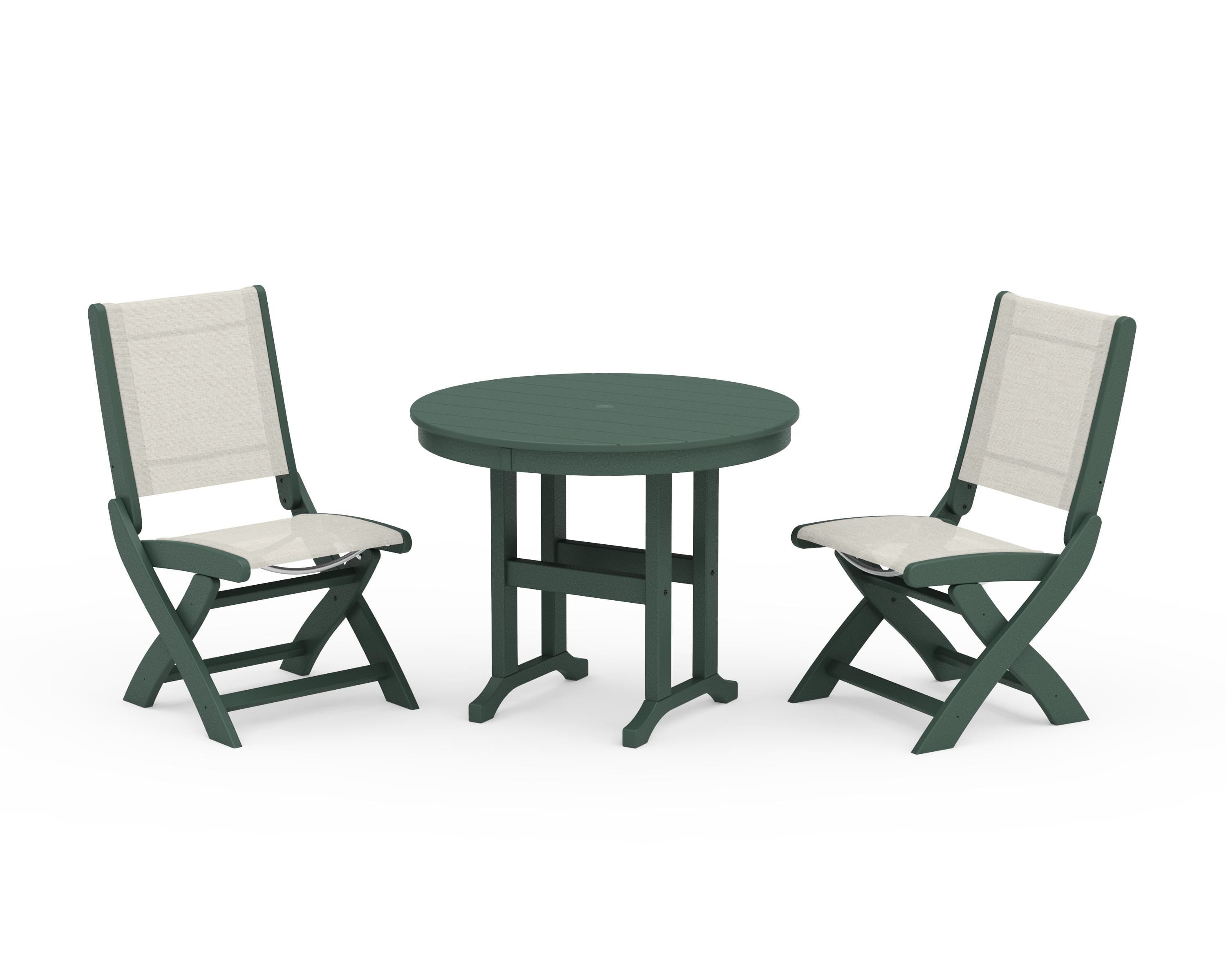 POLYWOOD Coastal Folding Side Chair 3-Piece Round Dining Set in Green / Parchment Sling