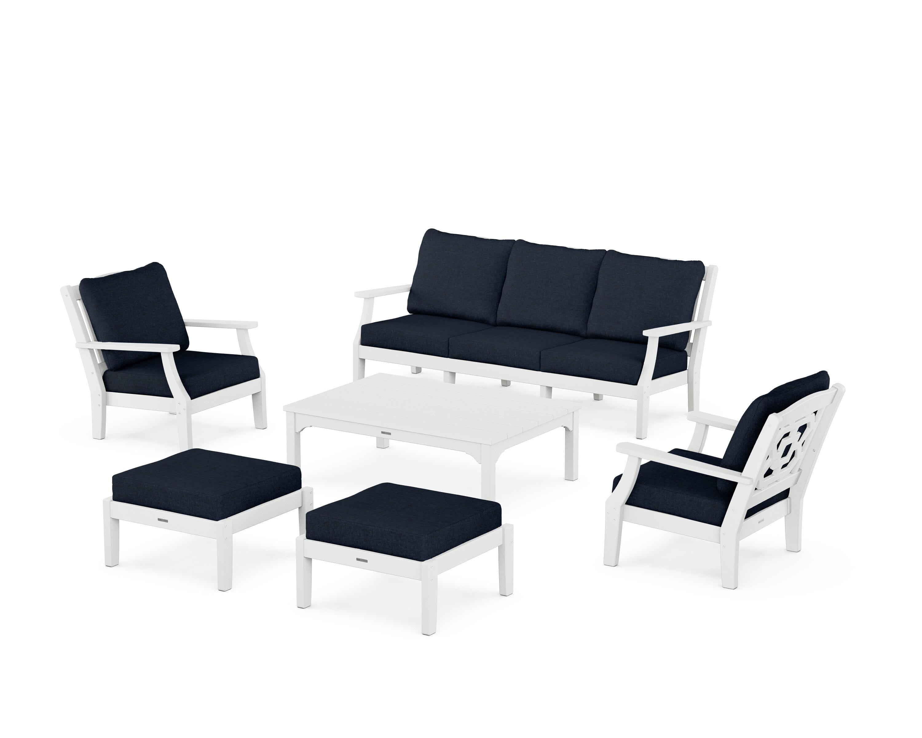 Martha Stewart by POLYWOOD Chinoiserie 6-Piece Lounge Sofa Set in White / Marine Indigo
