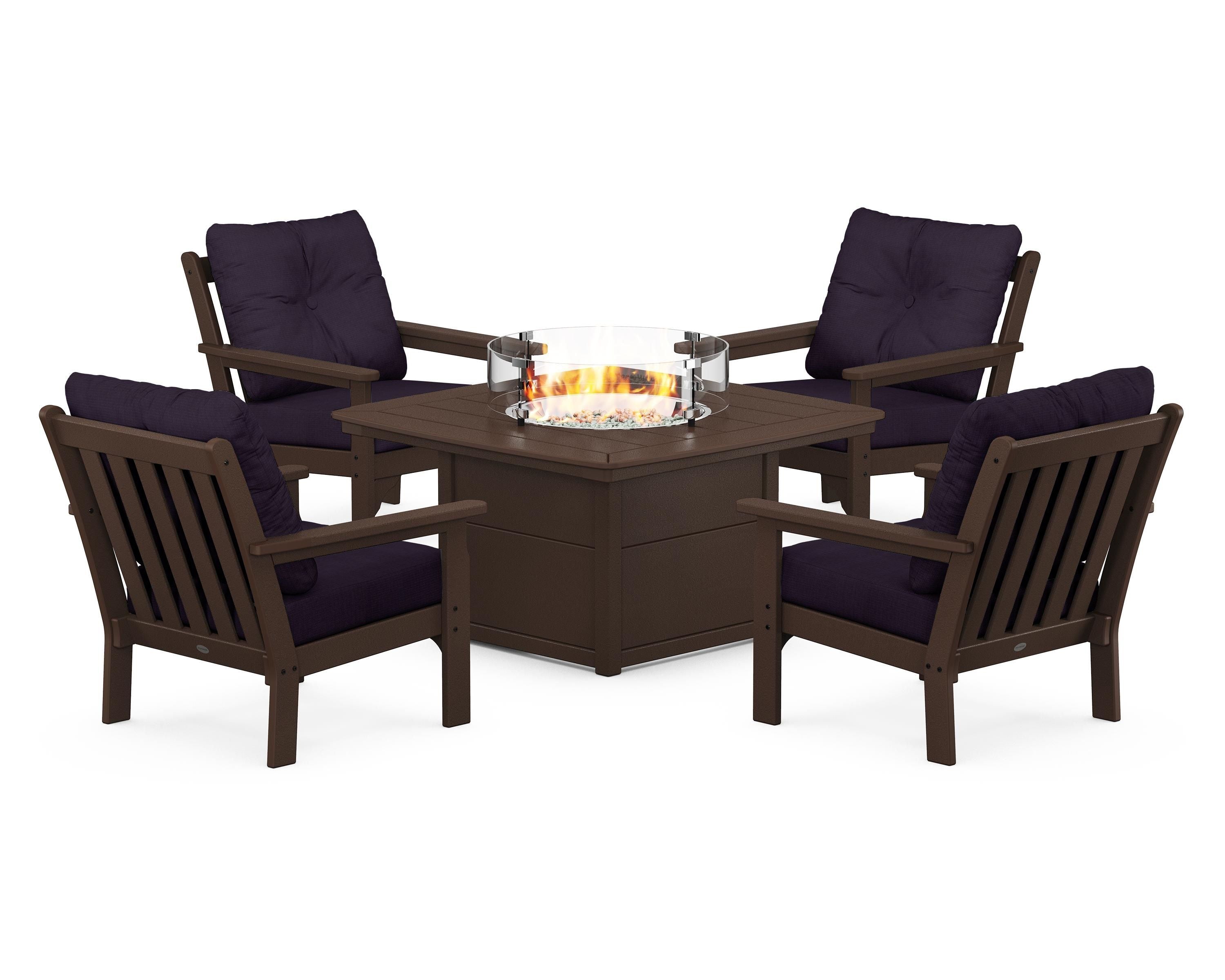 POLYWOOD Vineyard 5-Piece Conversation Set with Fire Pit Table in Mahogany / Navy Linen