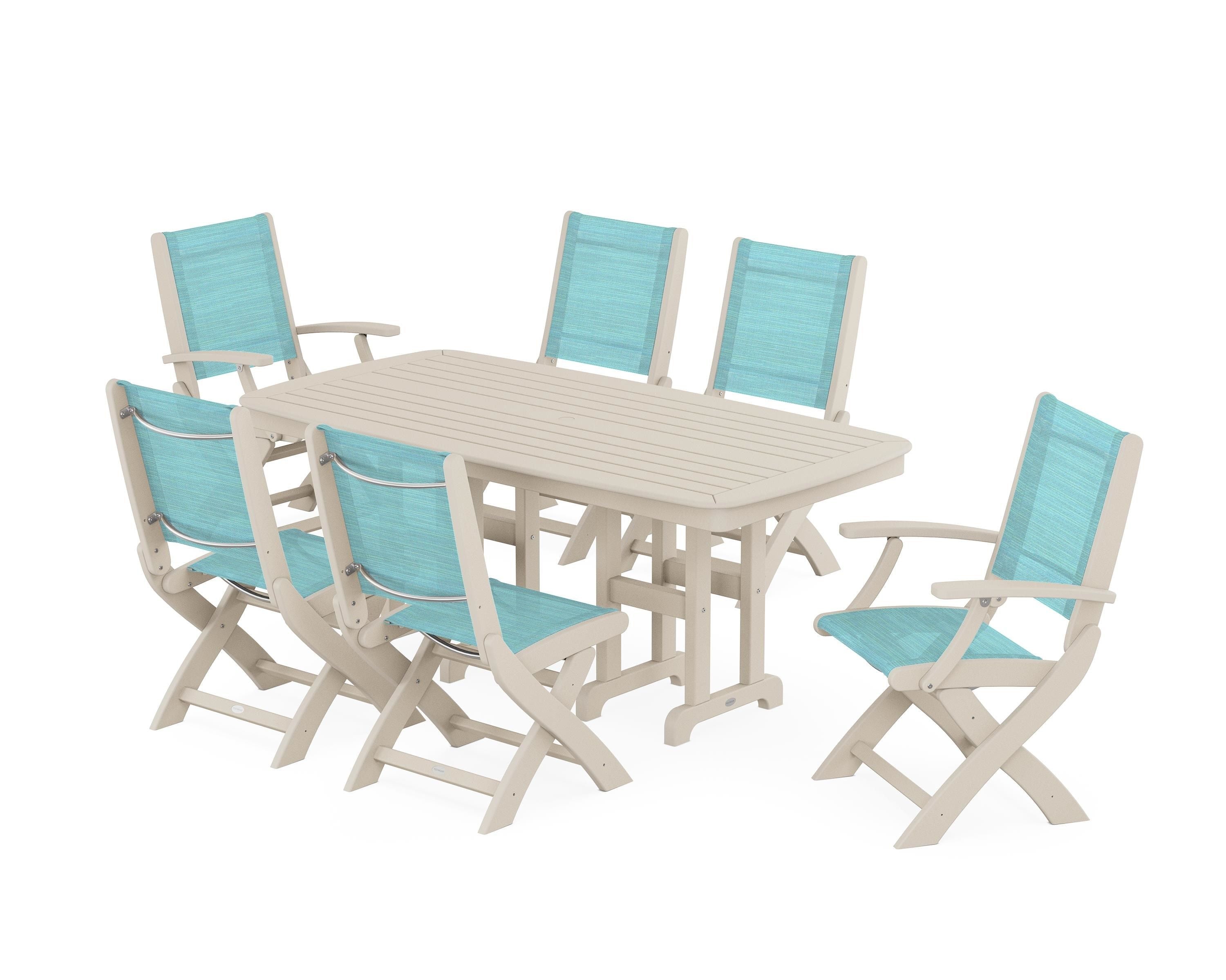 POLYWOOD Coastal Folding Chair 7-Piece Dining Set in Sand / Dupioni Aquamarine Sling
