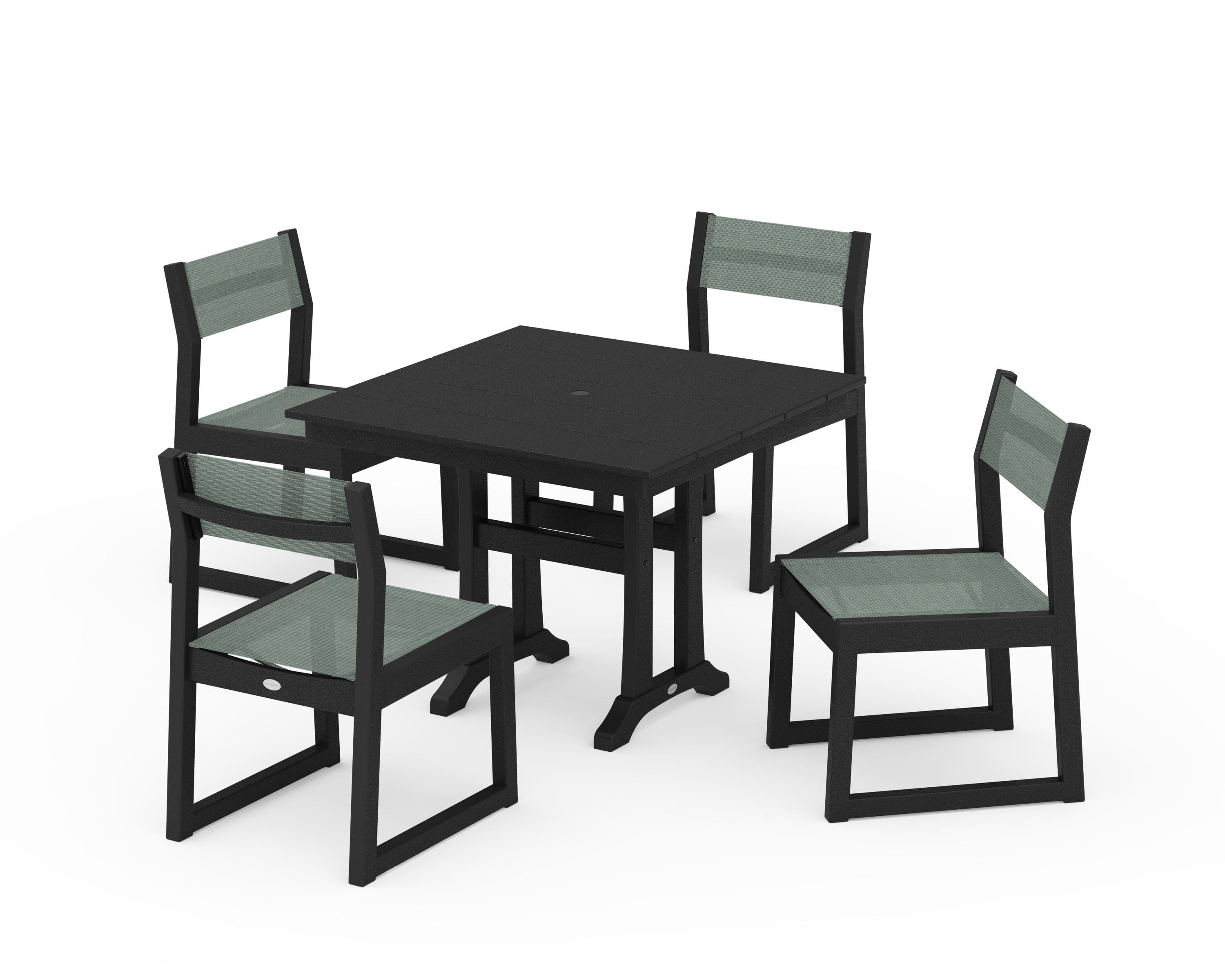 POLYWOOD EDGE Sling 5-Piece Farmhouse Trestle Side Chair Dining Set in Black / Dupioni Sea Mist Sling