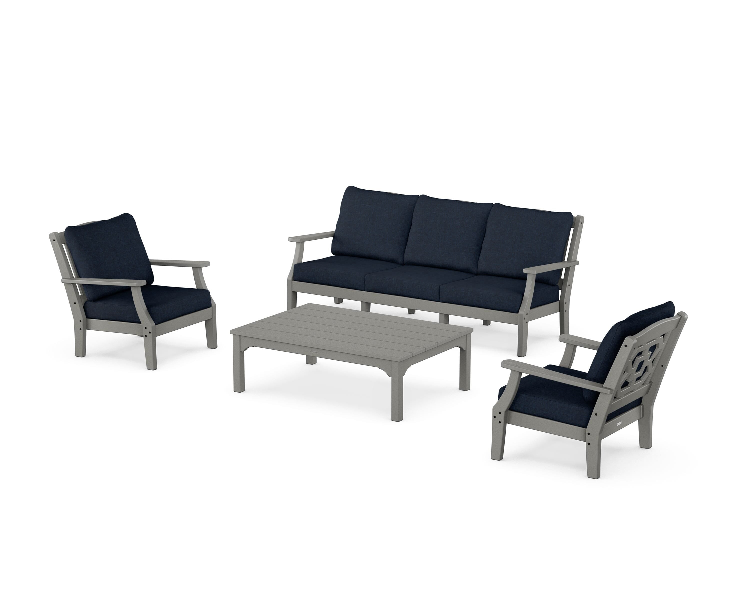 Martha Stewart by POLYWOOD Chinoiserie 4-Piece Deep Seating Set with Sofa in Slate Grey / Marine Indigo
