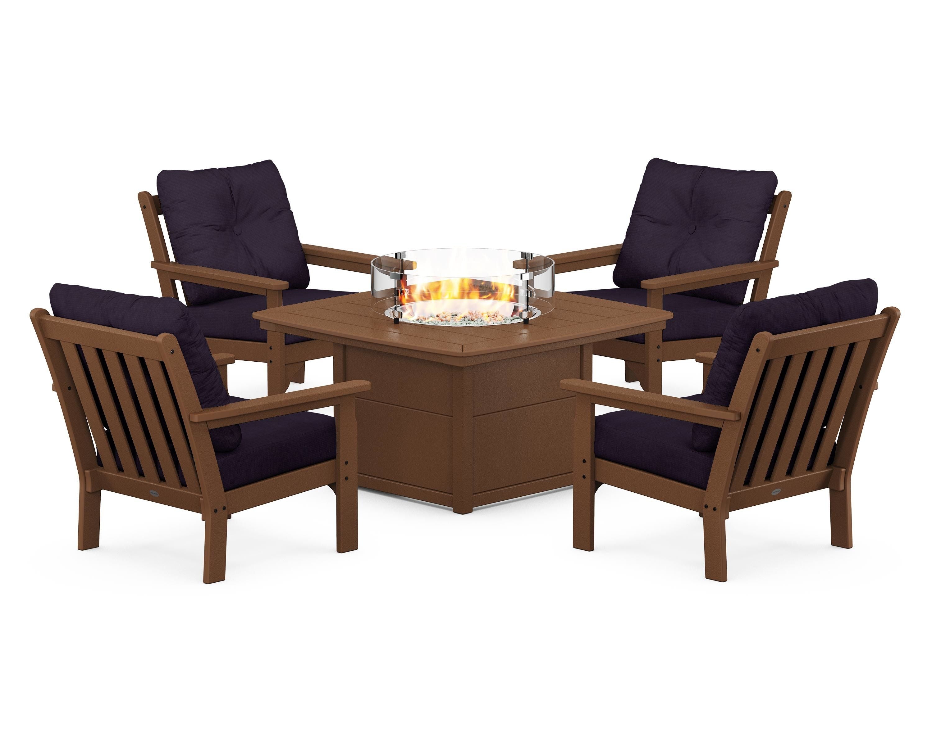 POLYWOOD Vineyard 5-Piece Conversation Set with Fire Pit Table in Teak / Navy Linen