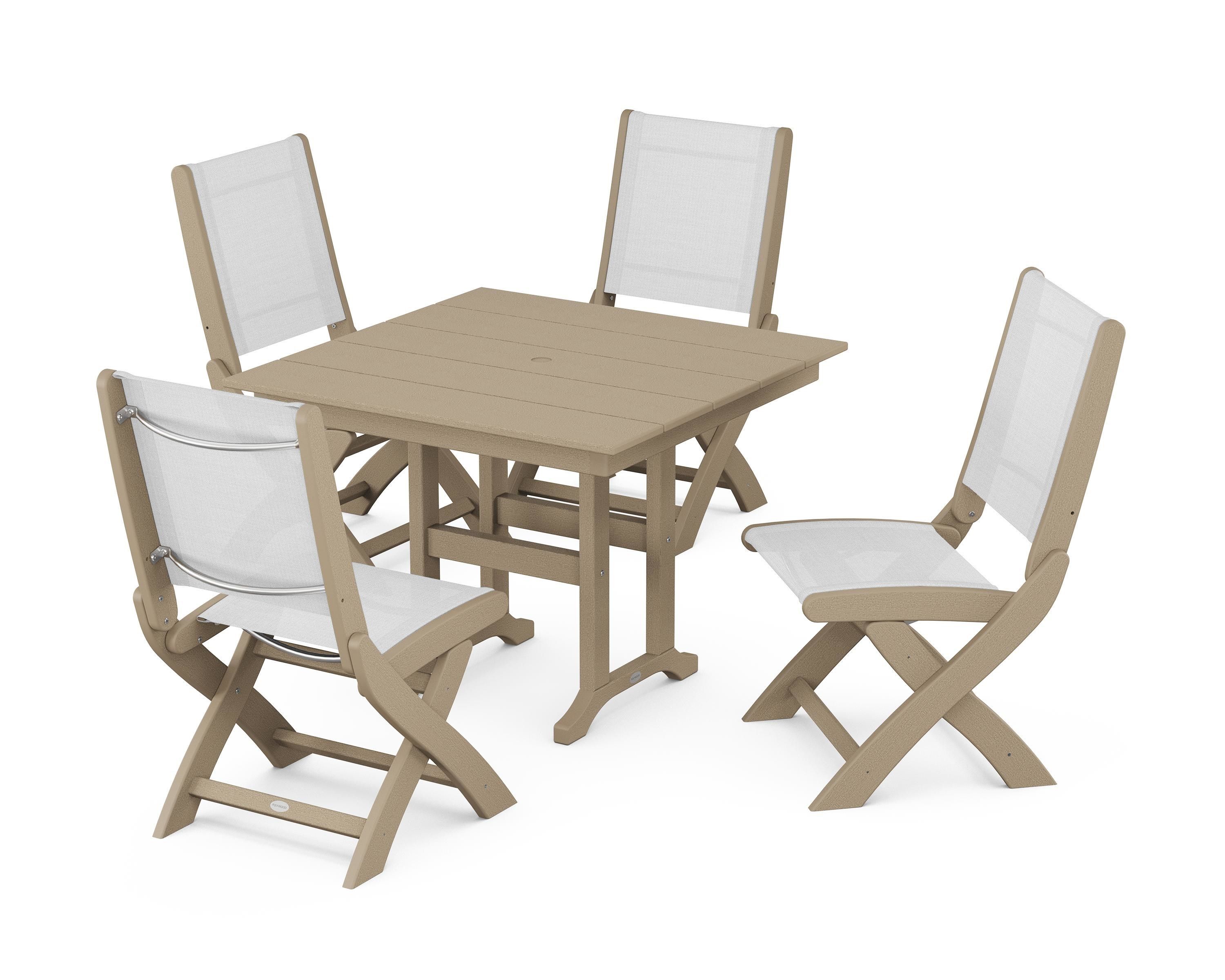 POLYWOOD Coastal Folding Side Chair 5-Piece Farmhouse Dining Set in Vintage Sahara / White Sling
