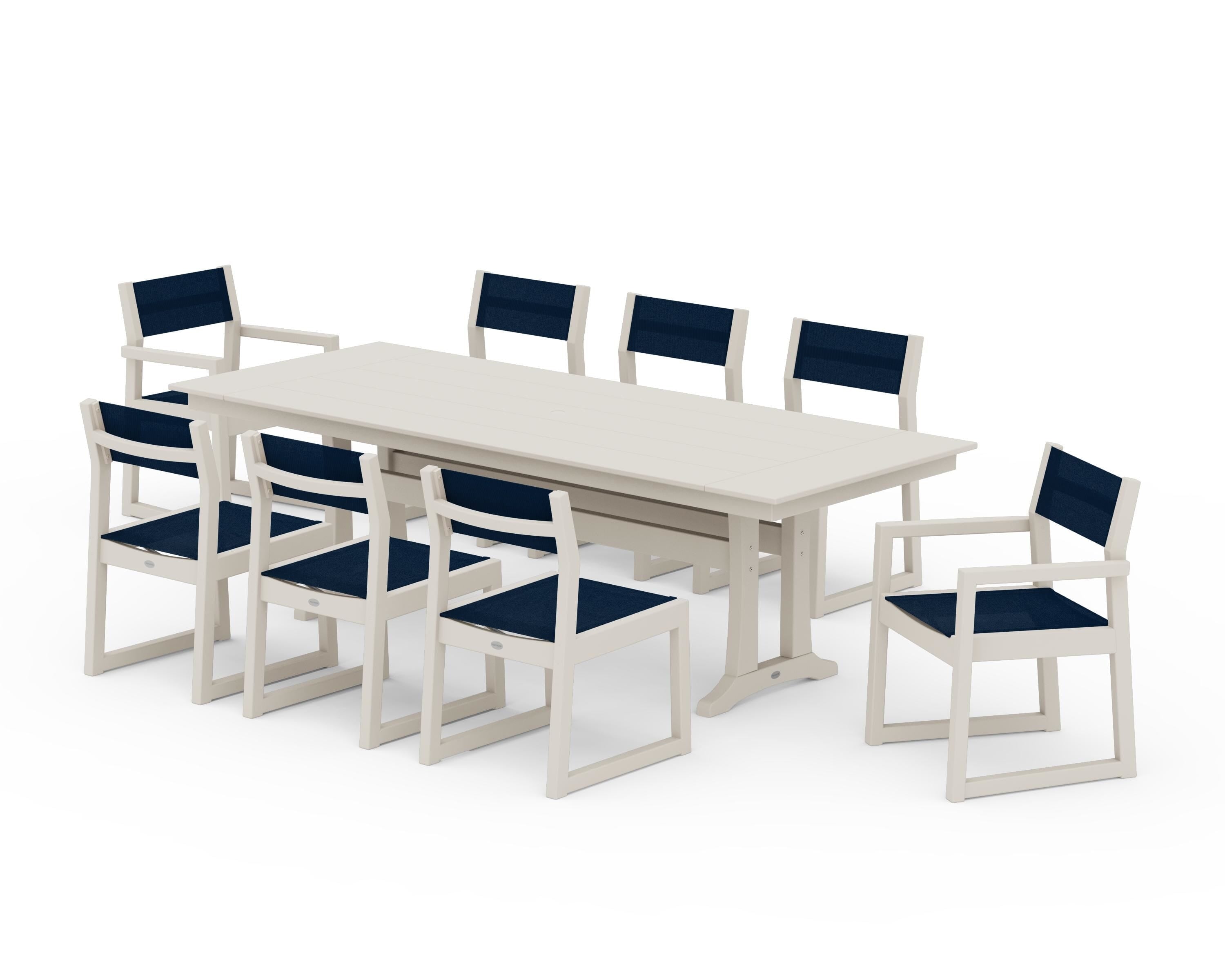 POLYWOOD EDGE Sling 9-Piece Farmhouse Trestle Dining Set in Sand / Navy Blue Sling